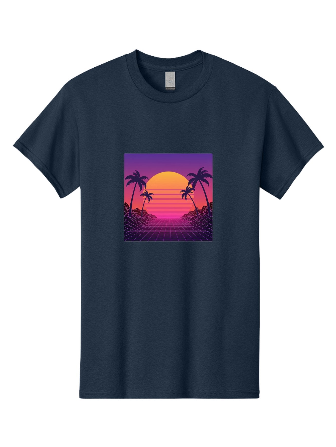 Retro-Sunset Men'S Graphic Tee, 100% Cotton, Comfortable Casual Summer Wear, Machine Washable, Retro Futuristic Landscape, Sunset With Palm Trees, Grid Pattern, Neon Colors, Synthwave Art, 80S Vibe, Futuristic Scenery, Digital Art, Bab336 7