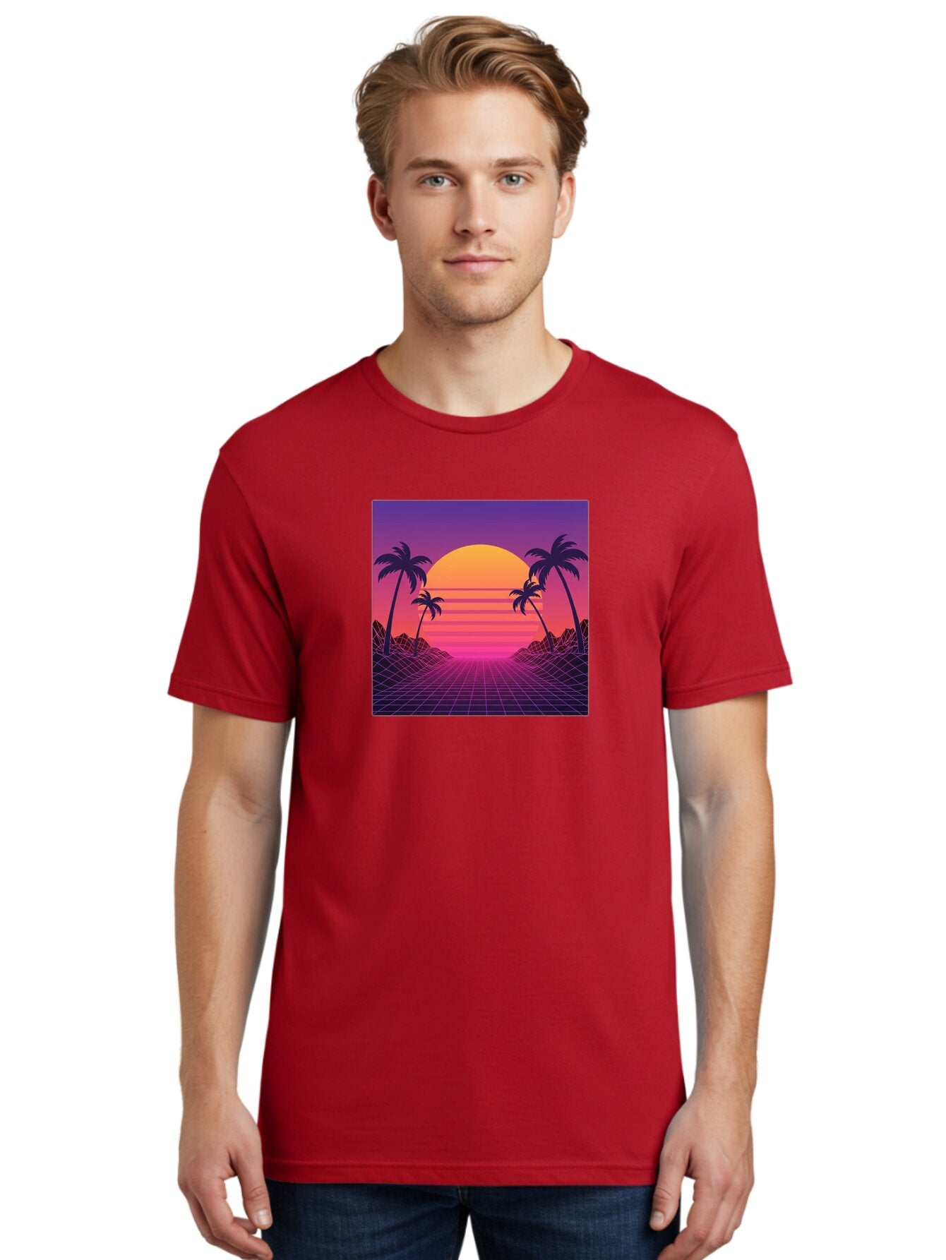 Retro-Sunset Men'S Graphic Tee, 100% Cotton, Comfortable Casual Summer Wear, Machine Washable, Retro Futuristic Landscape, Sunset With Palm Trees, Grid Pattern, Neon Colors, Synthwave Art, 80S Vibe, Futuristic Scenery, Digital Art, Bab336 26