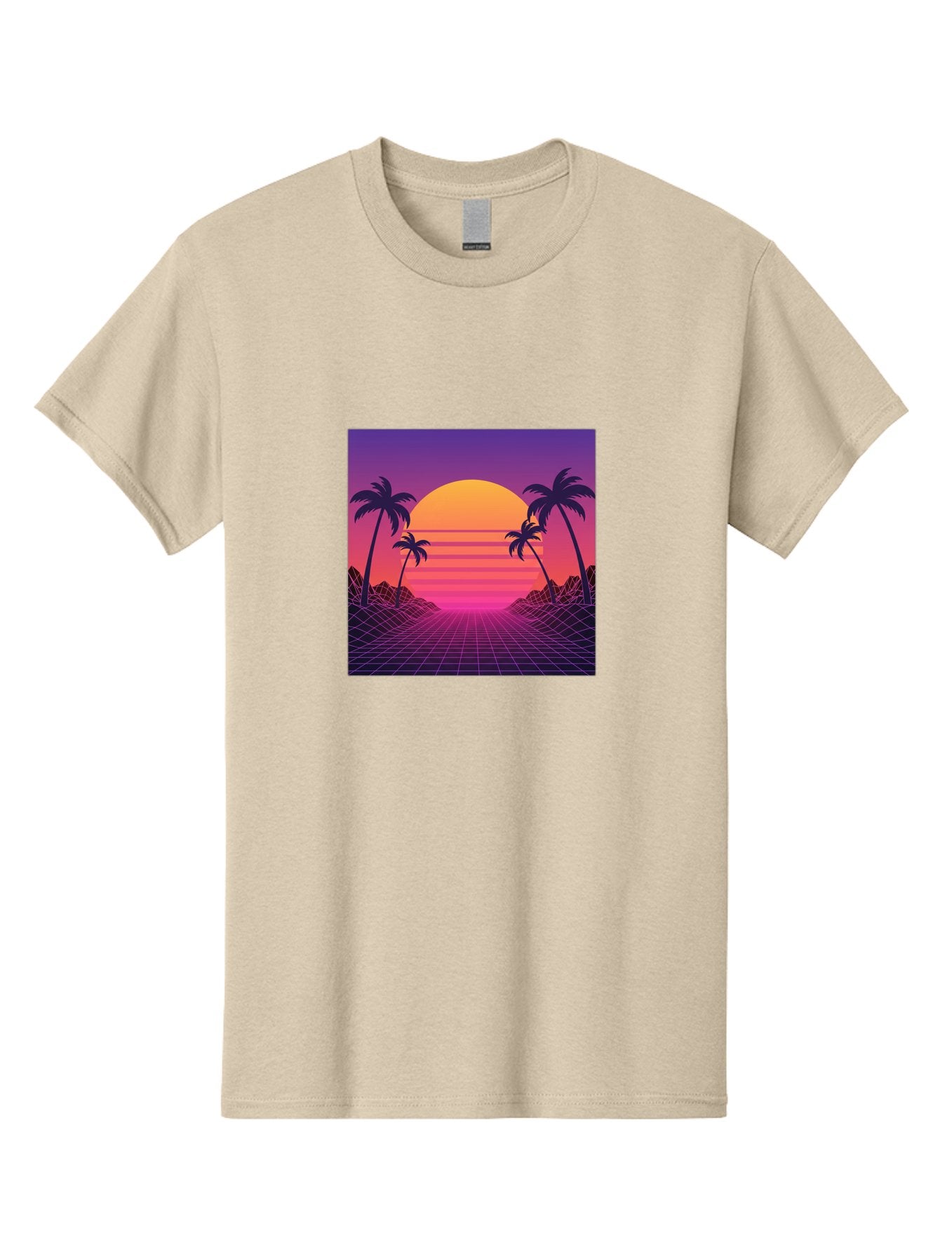 Retro-Sunset Men'S Graphic Tee, 100% Cotton, Comfortable Casual Summer Wear, Machine Washable, Retro Futuristic Landscape, Sunset With Palm Trees, Grid Pattern, Neon Colors, Synthwave Art, 80S Vibe, Futuristic Scenery, Digital Art, Bab336 14