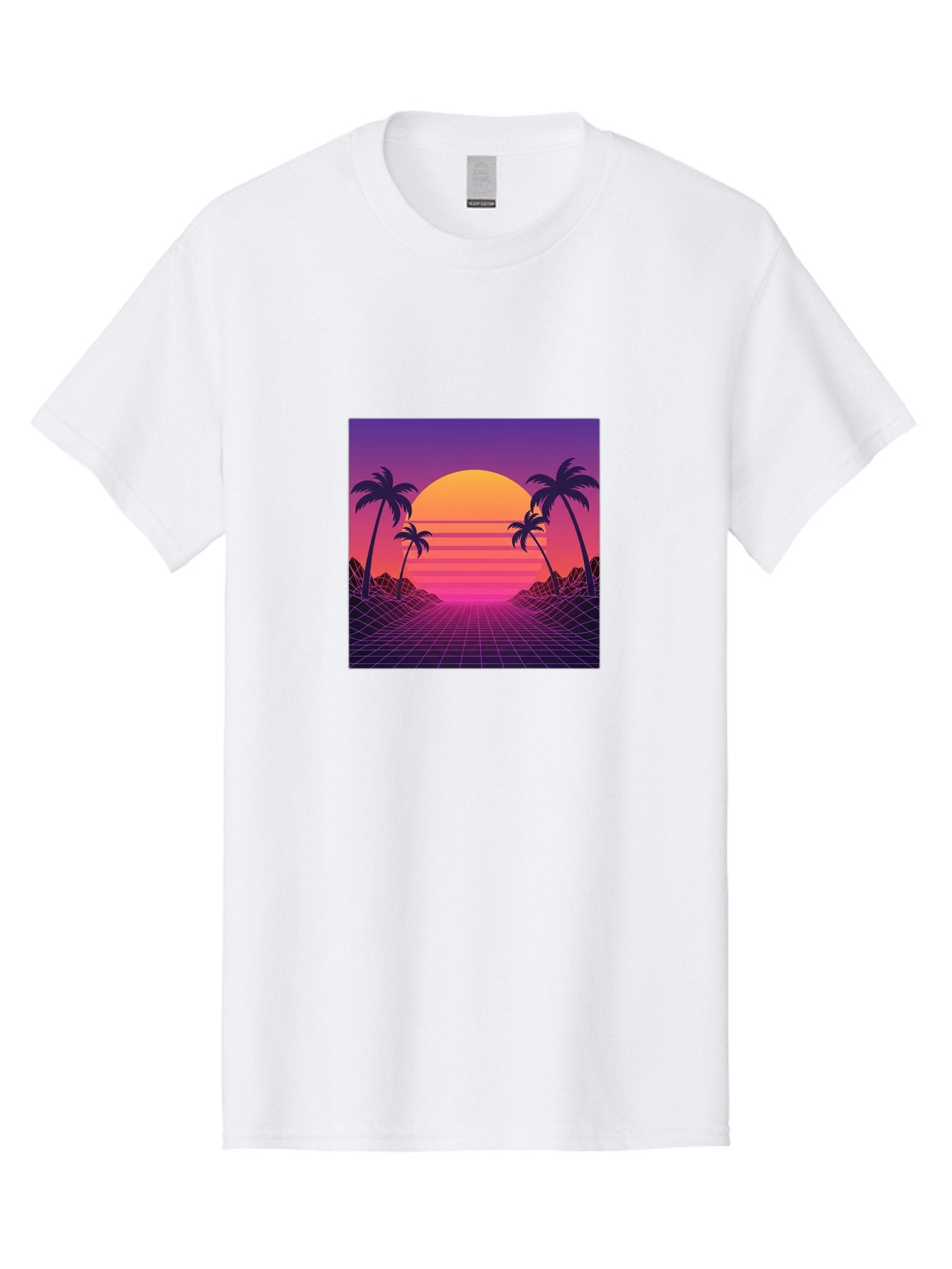 Retro-Sunset Men'S Graphic Tee, 100% Cotton, Comfortable Casual Summer Wear, Machine Washable, Retro Futuristic Landscape, Sunset With Palm Trees, Grid Pattern, Neon Colors, Synthwave Art, 80S Vibe, Futuristic Scenery, Digital Art, Bab336 13