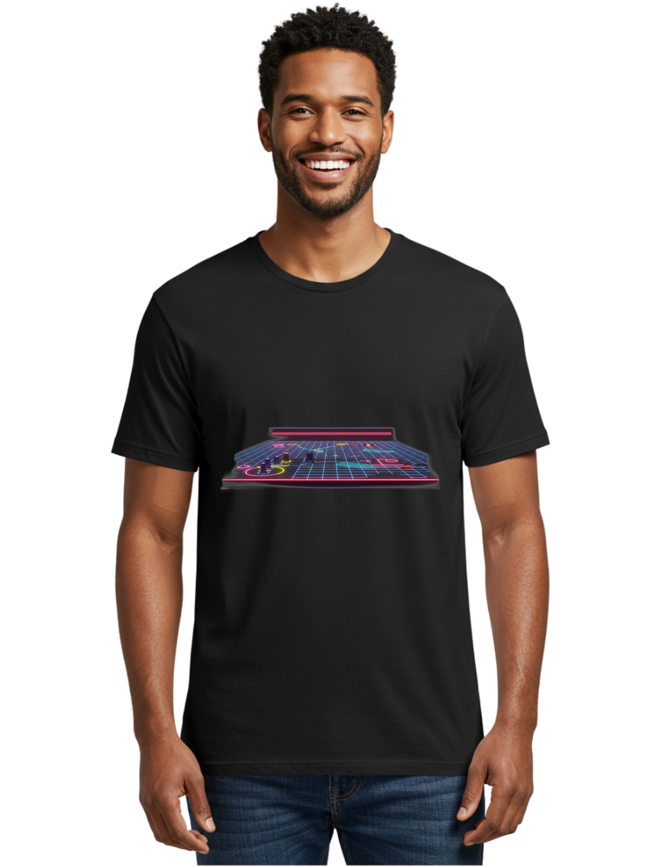 Retro-Synth-Stage Men'S Graphic Tee, 100% Cotton, Comfortable Casual Summer Wear, Machine Washable, Futuristic Stage, Synthwave Aesthetic, Neon Lights, Grid Pattern, Retro Futuristic Design, 80S Vibe, Gaming Stage, Concert Platform, Bab337 22