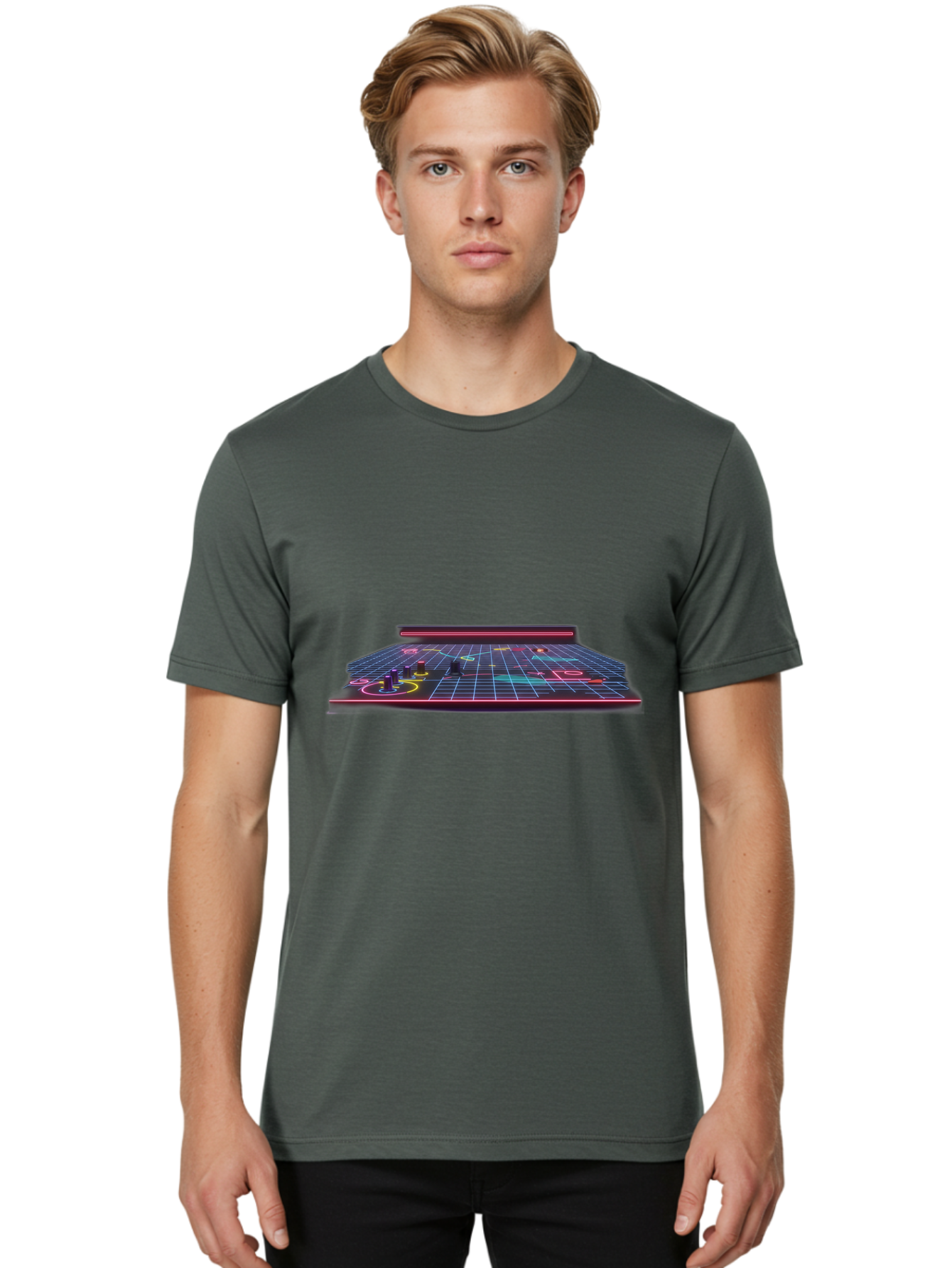 Retro-Synth-Stage Men'S Graphic Tee, 100% Cotton, Comfortable Casual Summer Wear, Machine Washable, Futuristic Stage, Synthwave Aesthetic, Neon Lights, Grid Pattern, Retro Futuristic Design, 80S Vibe, Gaming Stage, Concert Platform, Bab337 24
