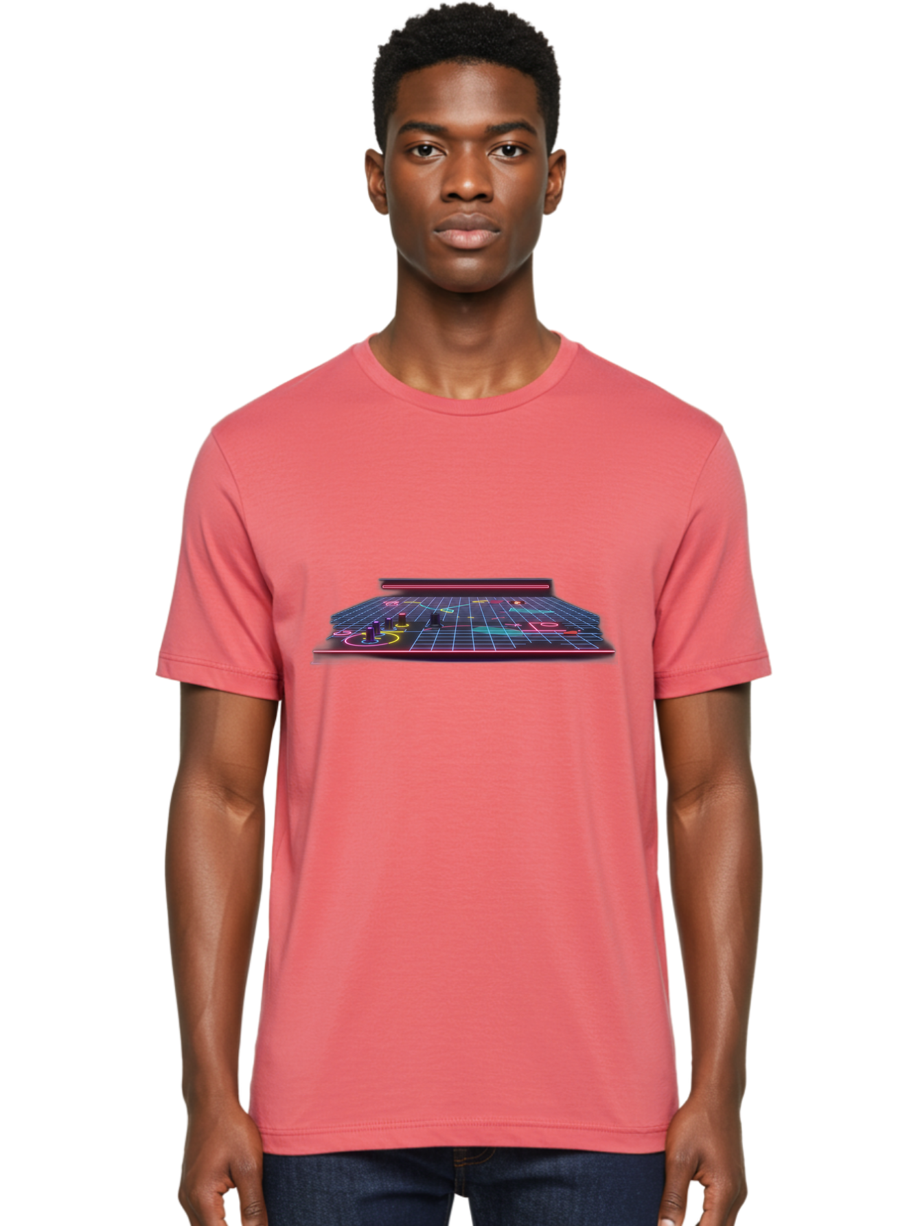 Retro-Synth-Stage Men'S Graphic Tee, 100% Cotton, Comfortable Casual Summer Wear, Machine Washable, Futuristic Stage, Synthwave Aesthetic, Neon Lights, Grid Pattern, Retro Futuristic Design, 80S Vibe, Gaming Stage, Concert Platform, Bab337 4