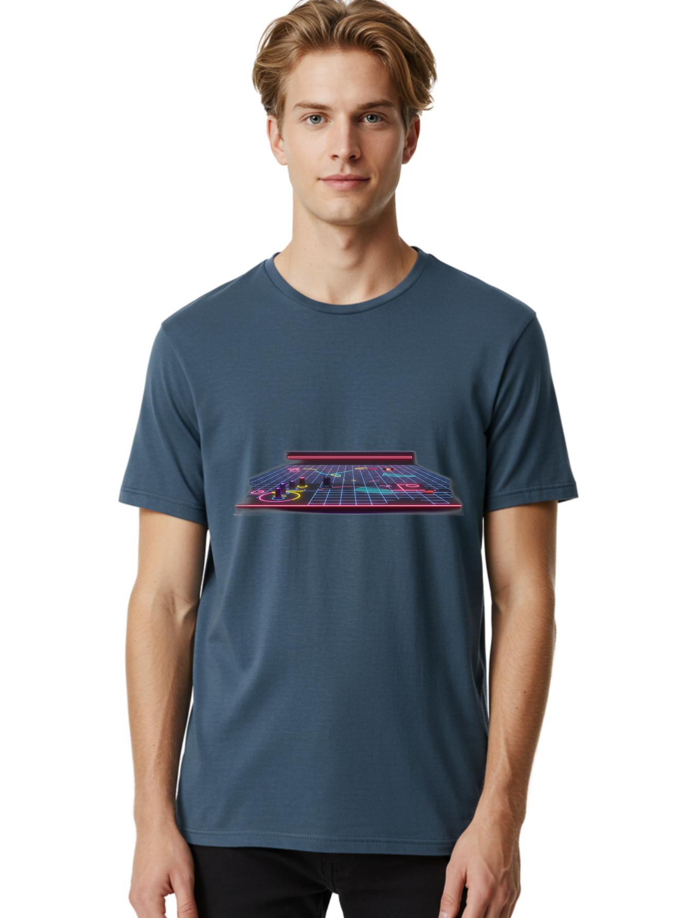 Retro-Synth-Stage Men'S Graphic Tee, 100% Cotton, Comfortable Casual Summer Wear, Machine Washable, Futuristic Stage, Synthwave Aesthetic, Neon Lights, Grid Pattern, Retro Futuristic Design, 80S Vibe, Gaming Stage, Concert Platform, Bab337 16