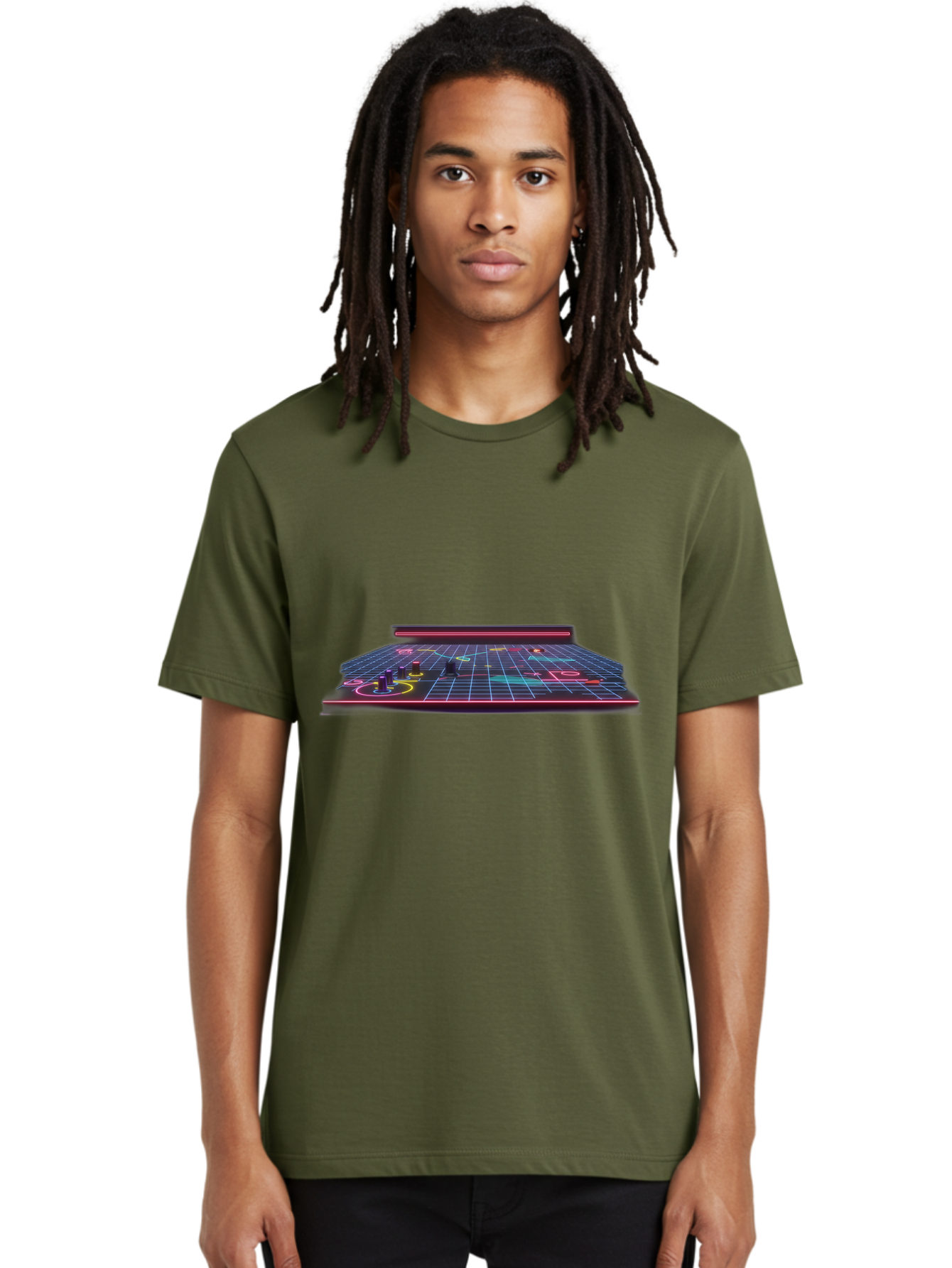 Retro-Synth-Stage Men'S Graphic Tee, 100% Cotton, Comfortable Casual Summer Wear, Machine Washable, Futuristic Stage, Synthwave Aesthetic, Neon Lights, Grid Pattern, Retro Futuristic Design, 80S Vibe, Gaming Stage, Concert Platform, Bab337 30
