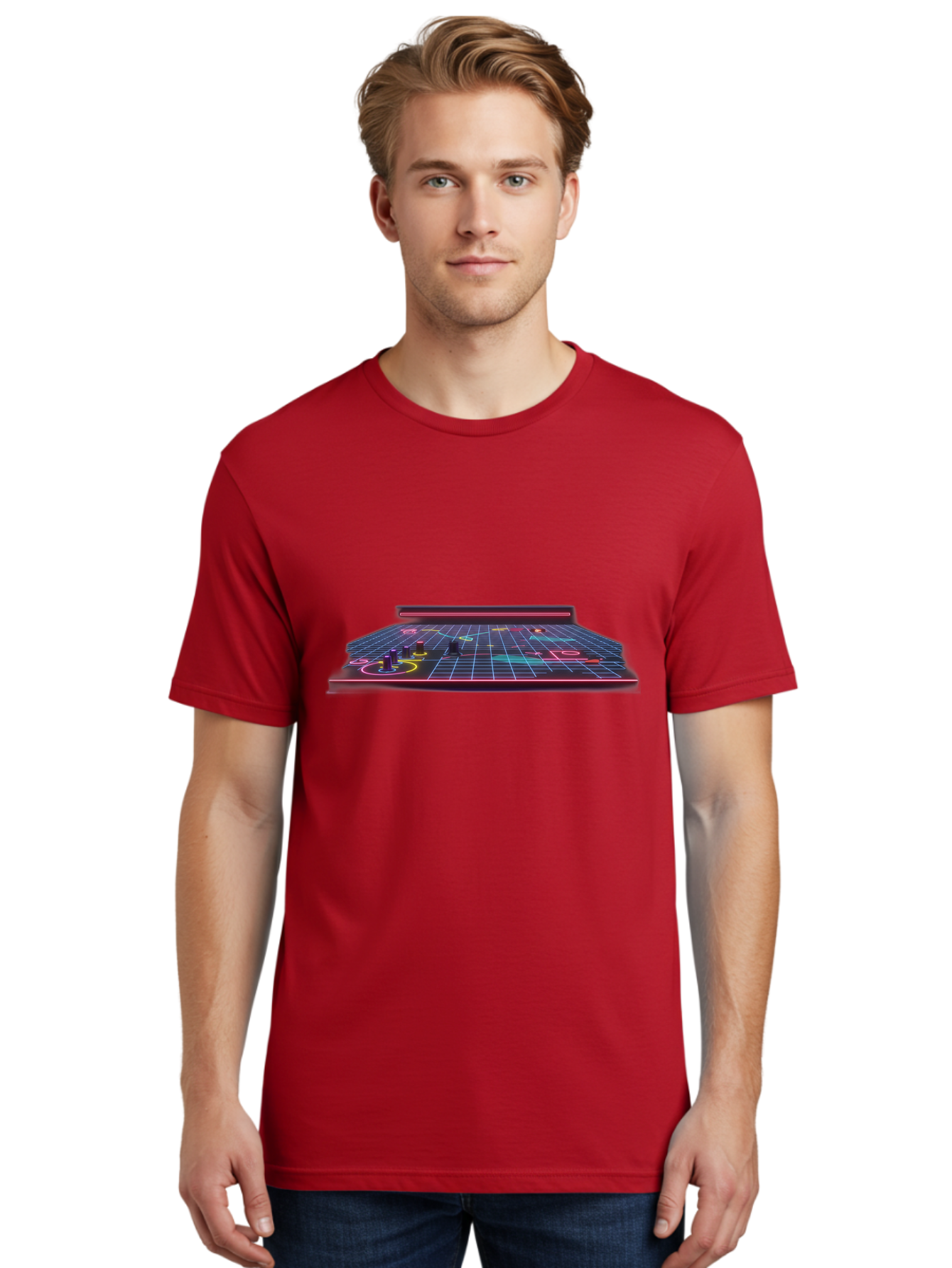 Retro-Synth-Stage Men'S Graphic Tee, 100% Cotton, Comfortable Casual Summer Wear, Machine Washable, Futuristic Stage, Synthwave Aesthetic, Neon Lights, Grid Pattern, Retro Futuristic Design, 80S Vibe, Gaming Stage, Concert Platform, Bab337
