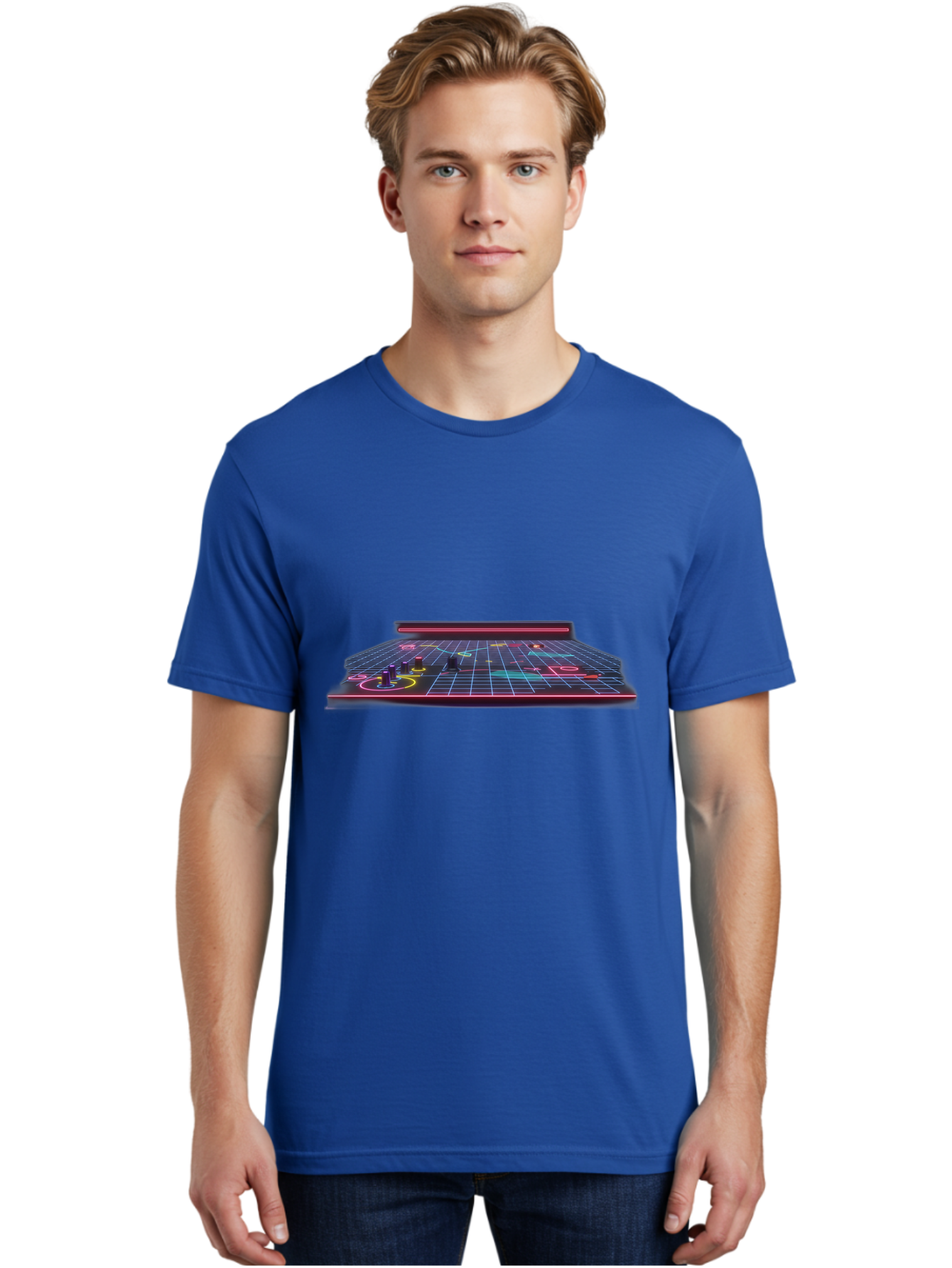Retro-Synth-Stage Men'S Graphic Tee, 100% Cotton, Comfortable Casual Summer Wear, Machine Washable, Futuristic Stage, Synthwave Aesthetic, Neon Lights, Grid Pattern, Retro Futuristic Design, 80S Vibe, Gaming Stage, Concert Platform, Bab337 26