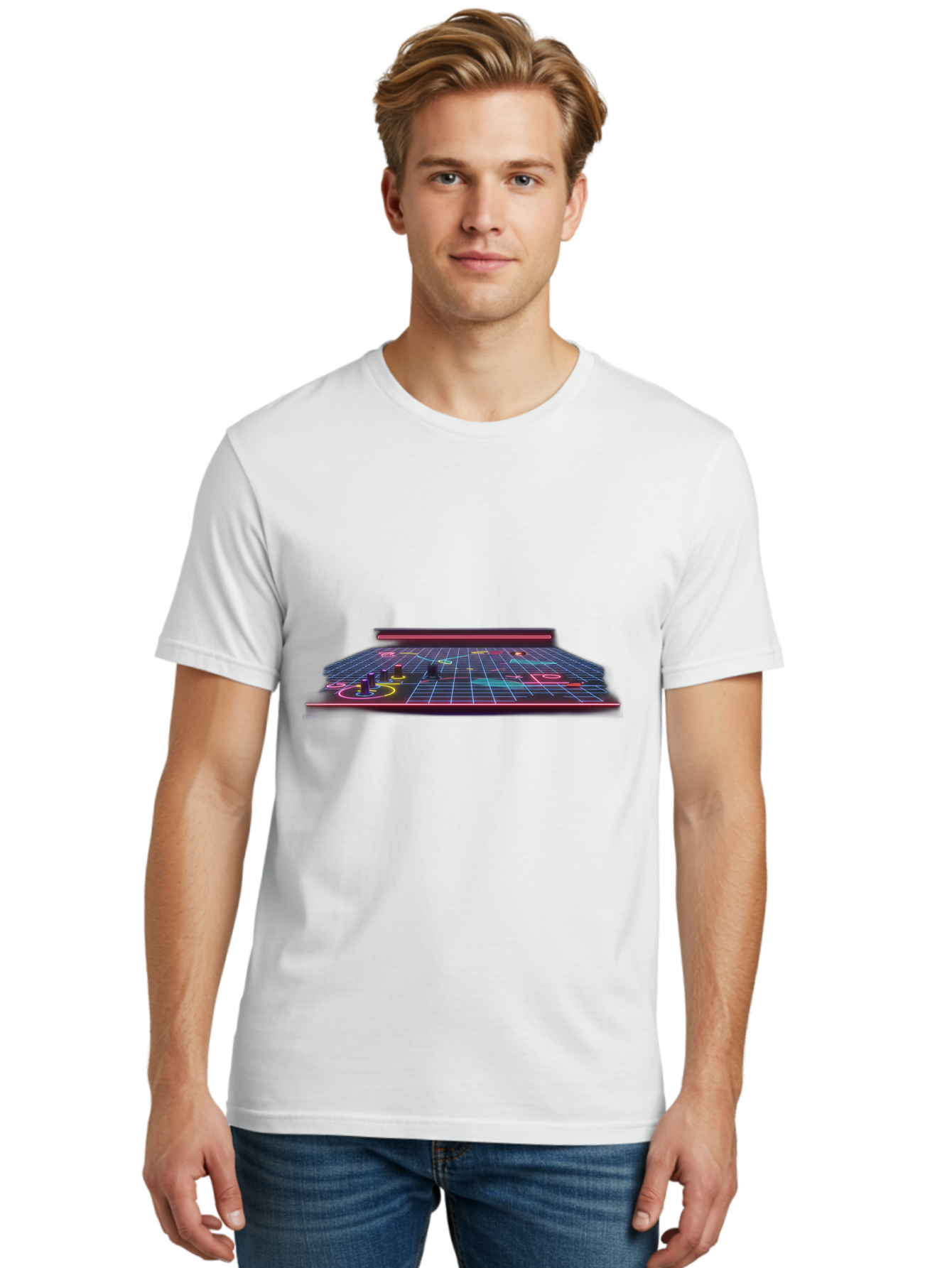 Retro-Synth-Stage Men'S Graphic Tee, 100% Cotton, Comfortable Casual Summer Wear, Machine Washable, Futuristic Stage, Synthwave Aesthetic, Neon Lights, Grid Pattern, Retro Futuristic Design, 80S Vibe, Gaming Stage, Concert Platform, Bab337 12