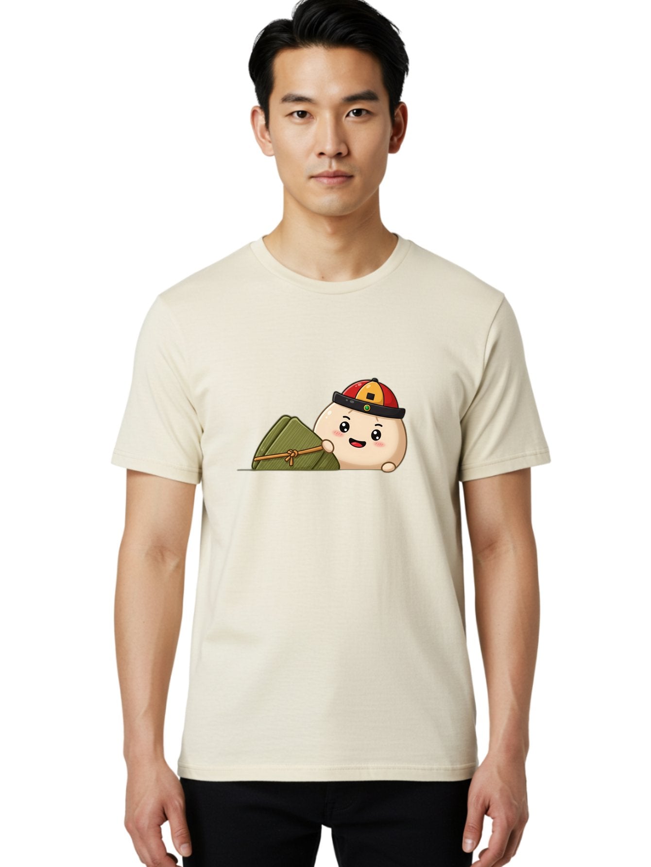 Rice-Dumpling Men'S Graphic Tee, 100% Cotton, Comfortable Casual Summer Wear, Machine Washable, Cartoon Dumpling Character, Red And Yellow Cap, Zongzi, Traditional Chinese Food, Dragon Boat Festival, Cute, Adorable, Kawaii, Character Design, Bab339 30