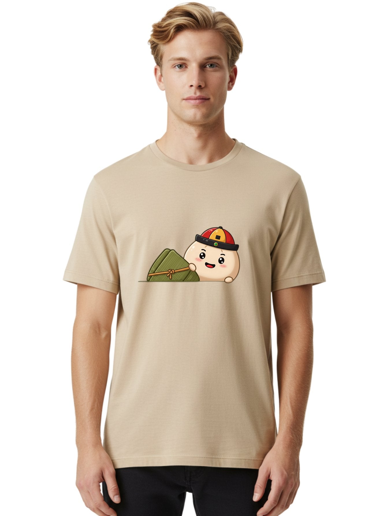 Rice-Dumpling Men'S Graphic Tee, 100% Cotton, Comfortable Casual Summer Wear, Machine Washable, Cartoon Dumpling Character, Red And Yellow Cap, Zongzi, Traditional Chinese Food, Dragon Boat Festival, Cute, Adorable, Kawaii, Character Design, Bab339 21