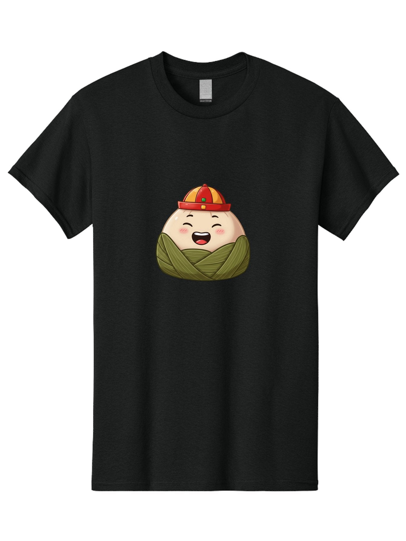 Rice-Dumplings Men'S Graphic Tee, 100% Cotton, Comfortable Casual Summer Wear, Machine Washable, Cartoon Zongzi, Traditional Chinese Food, Happy Face, Red And Yellow Hat, Green Wrapping, Joyful Expression, Chinese Culture, Festive Food, Bab340 3
