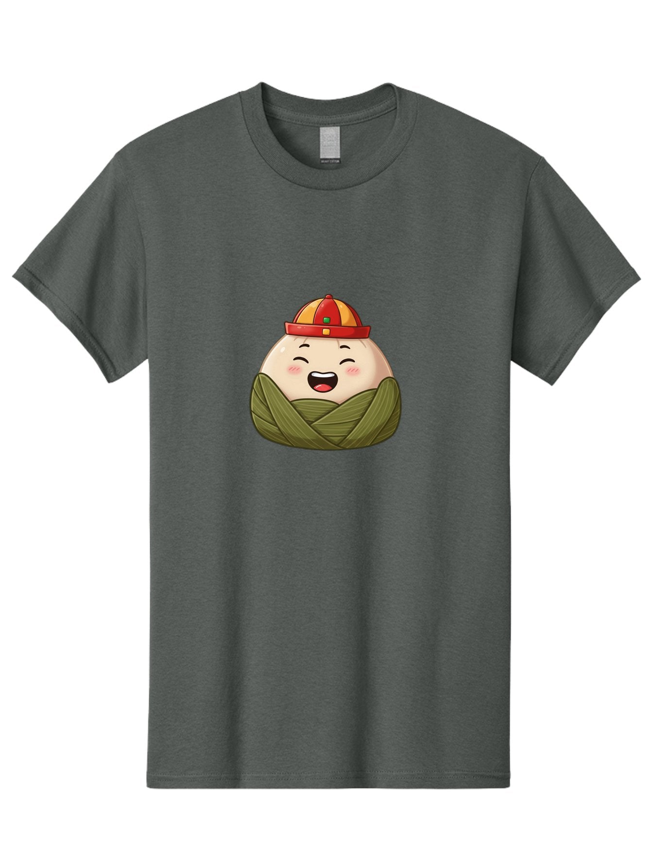 Rice-Dumplings Men'S Graphic Tee, 100% Cotton, Comfortable Casual Summer Wear, Machine Washable, Cartoon Zongzi, Traditional Chinese Food, Happy Face, Red And Yellow Hat, Green Wrapping, Joyful Expression, Chinese Culture, Festive Food, Bab340