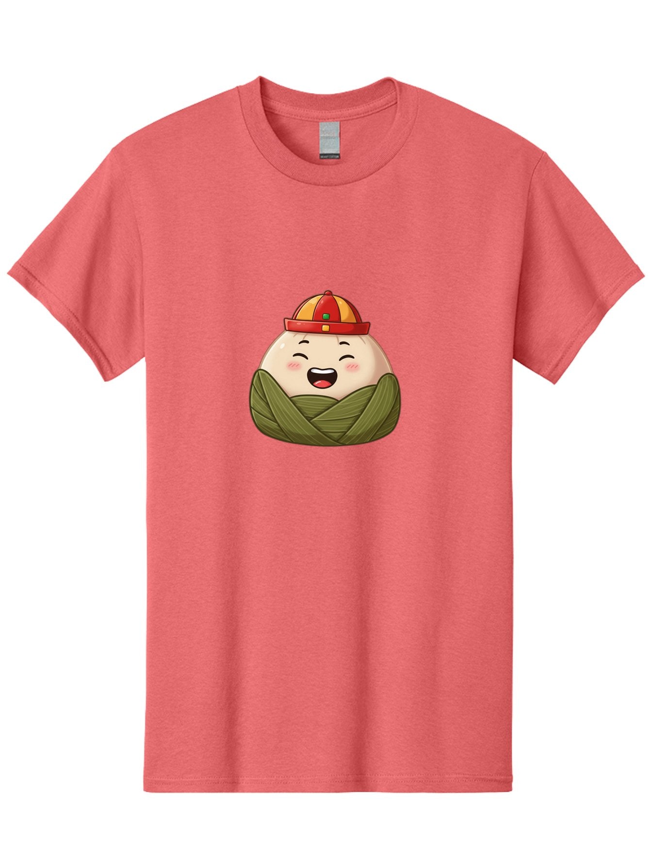 Rice-Dumplings Men'S Graphic Tee, 100% Cotton, Comfortable Casual Summer Wear, Machine Washable, Cartoon Zongzi, Traditional Chinese Food, Happy Face, Red And Yellow Hat, Green Wrapping, Joyful Expression, Chinese Culture, Festive Food, Bab340 7