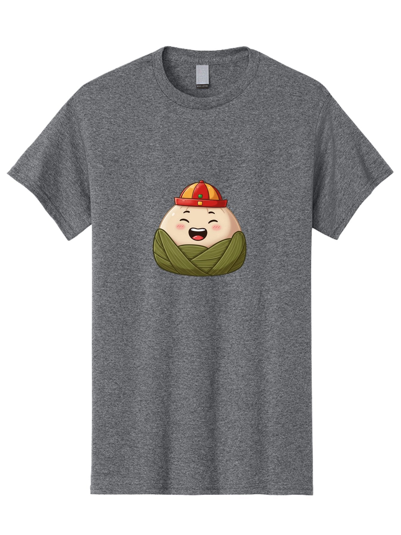 Rice-Dumplings Men'S Graphic Tee, 100% Cotton, Comfortable Casual Summer Wear, Machine Washable, Cartoon Zongzi, Traditional Chinese Food, Happy Face, Red And Yellow Hat, Green Wrapping, Joyful Expression, Chinese Culture, Festive Food, Bab340 13