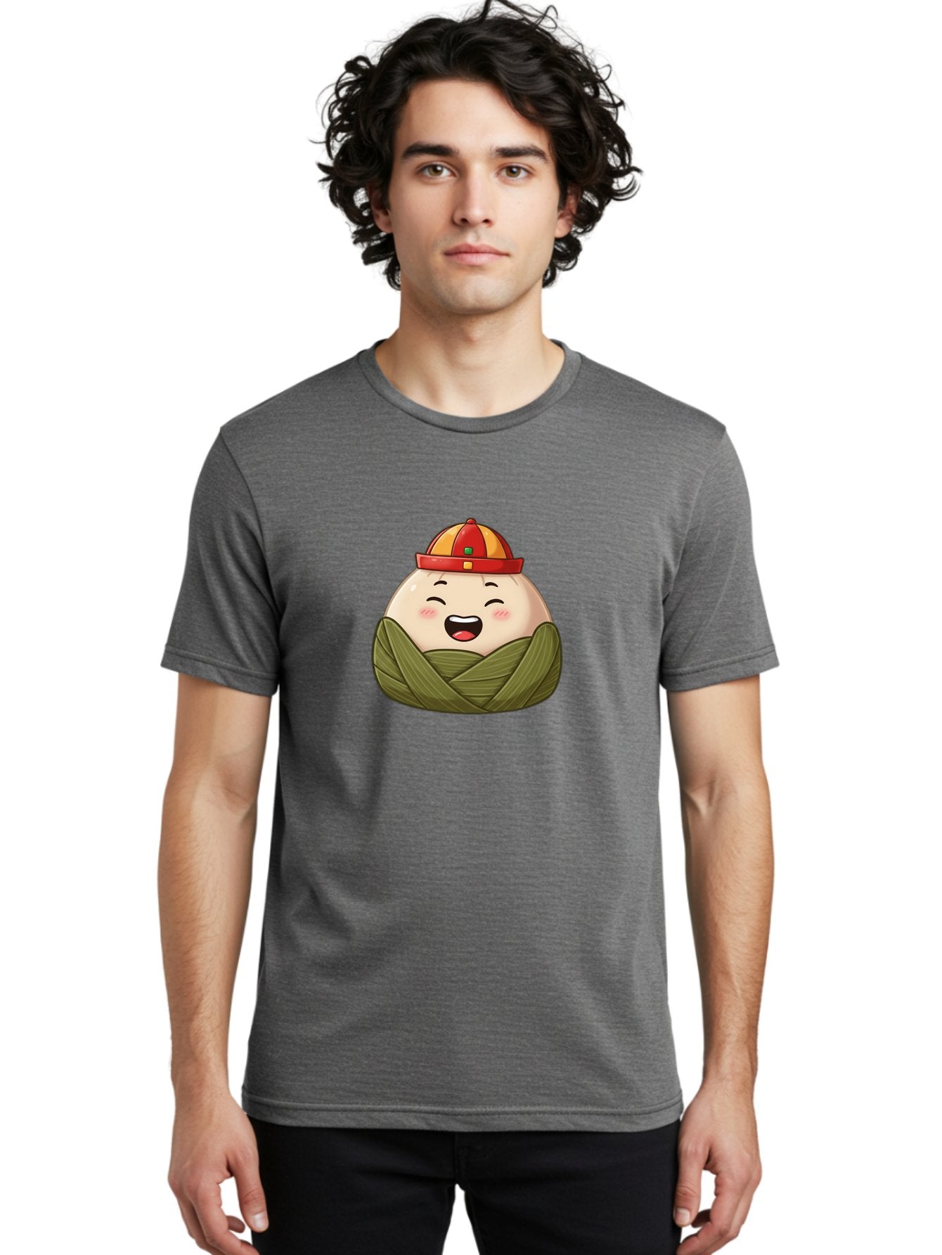 Rice-Dumplings Men'S Graphic Tee, 100% Cotton, Comfortable Casual Summer Wear, Machine Washable, Cartoon Zongzi, Traditional Chinese Food, Happy Face, Red And Yellow Hat, Green Wrapping, Joyful Expression, Chinese Culture, Festive Food, Bab340 20