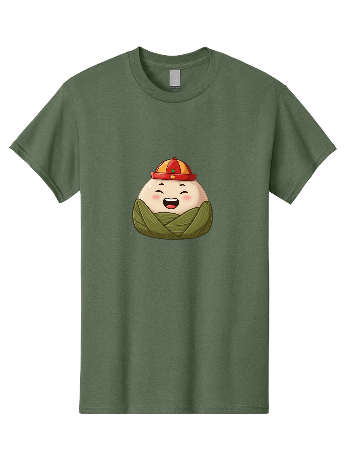 Rice-Dumplings Men'S Graphic Tee, 100% Cotton, Comfortable Casual Summer Wear, Machine Washable, Cartoon Zongzi, Traditional Chinese Food, Happy Face, Red And Yellow Hat, Green Wrapping, Joyful Expression, Chinese Culture, Festive Food, Bab340 12