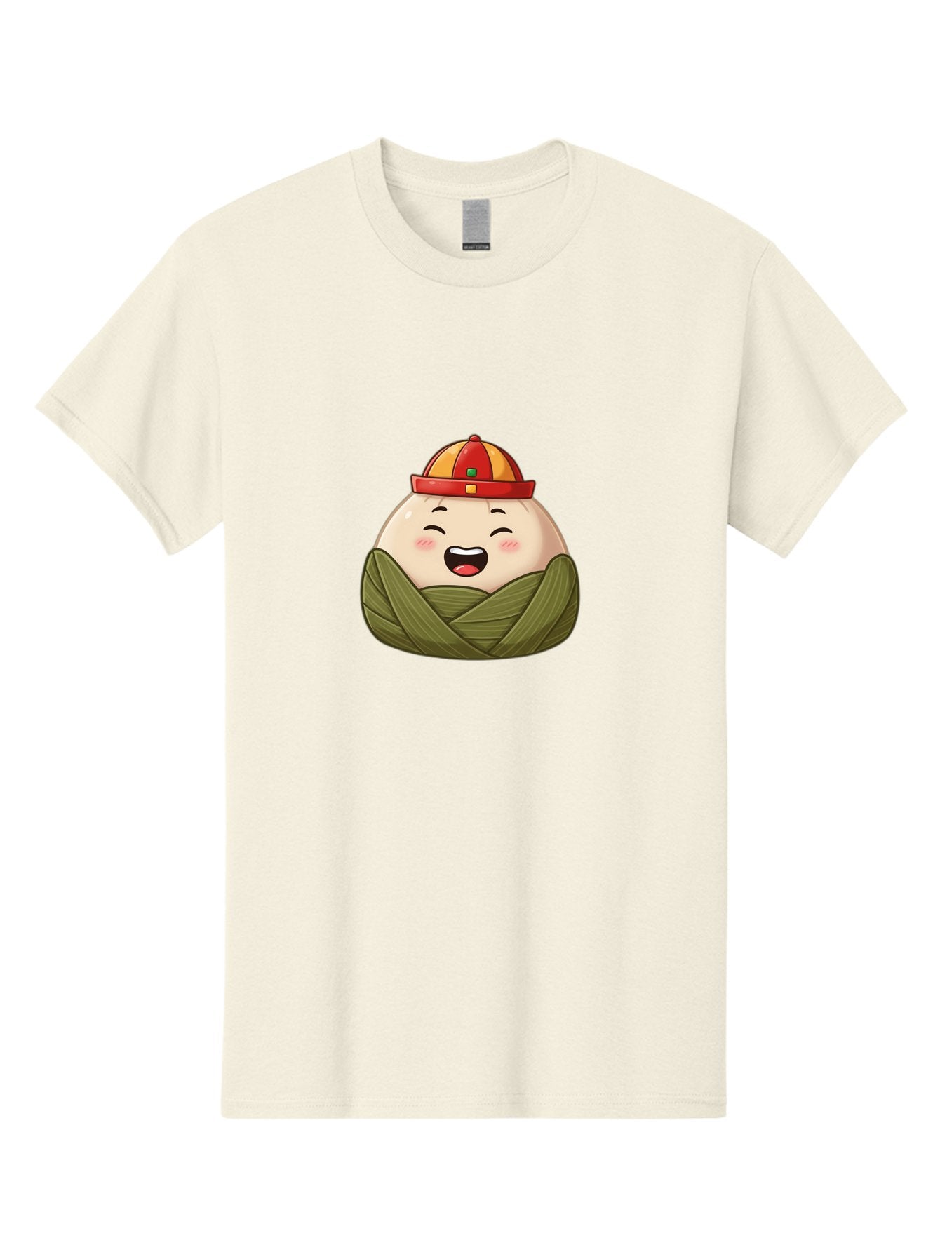 Rice-Dumplings Men'S Graphic Tee, 100% Cotton, Comfortable Casual Summer Wear, Machine Washable, Cartoon Zongzi, Traditional Chinese Food, Happy Face, Red And Yellow Hat, Green Wrapping, Joyful Expression, Chinese Culture, Festive Food, Bab340