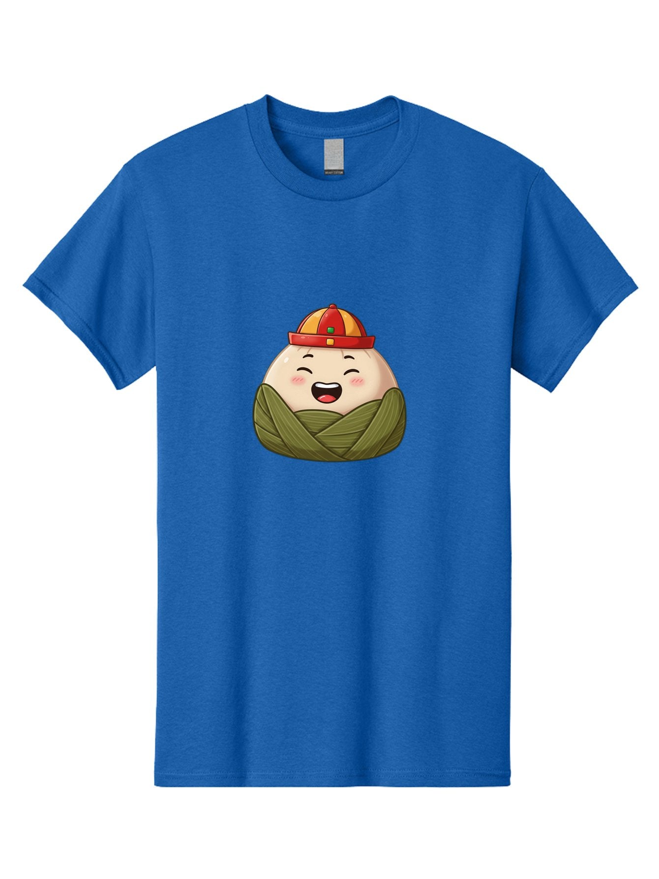 Rice-Dumplings Men'S Graphic Tee, 100% Cotton, Comfortable Casual Summer Wear, Machine Washable, Cartoon Zongzi, Traditional Chinese Food, Happy Face, Red And Yellow Hat, Green Wrapping, Joyful Expression, Chinese Culture, Festive Food, Bab340 5