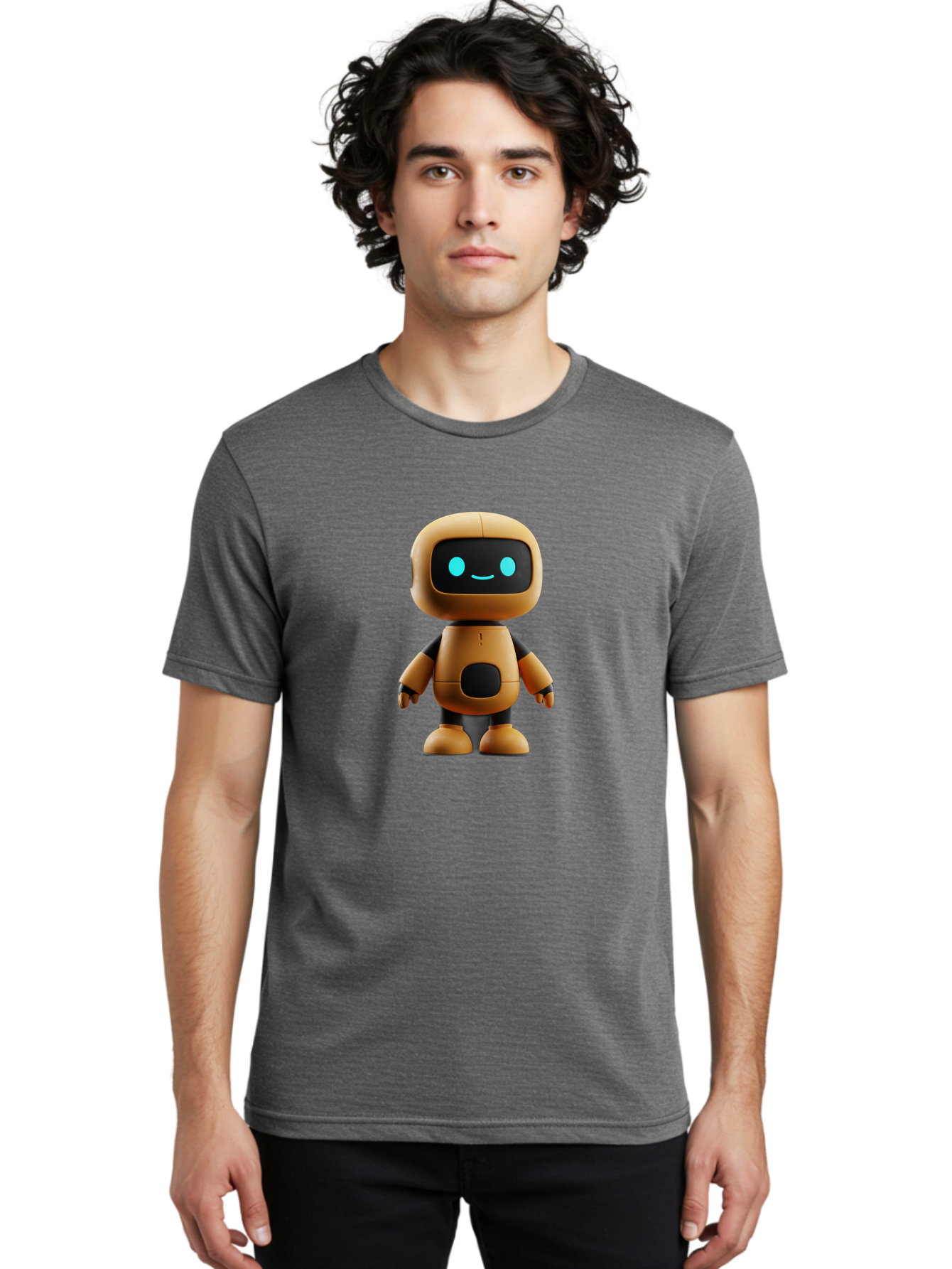 Robot-7 Men'S Graphic Tee, 100% Cotton, Comfortable Casual Summer Wear, Machine Washable, Cartoon Robot, Friendly Face, Smiling Robot, Blue Eyes, Black Screen, Beige Body, Cute Design, Toy Robot, Modern Tech, Futuristic Character, Bab347