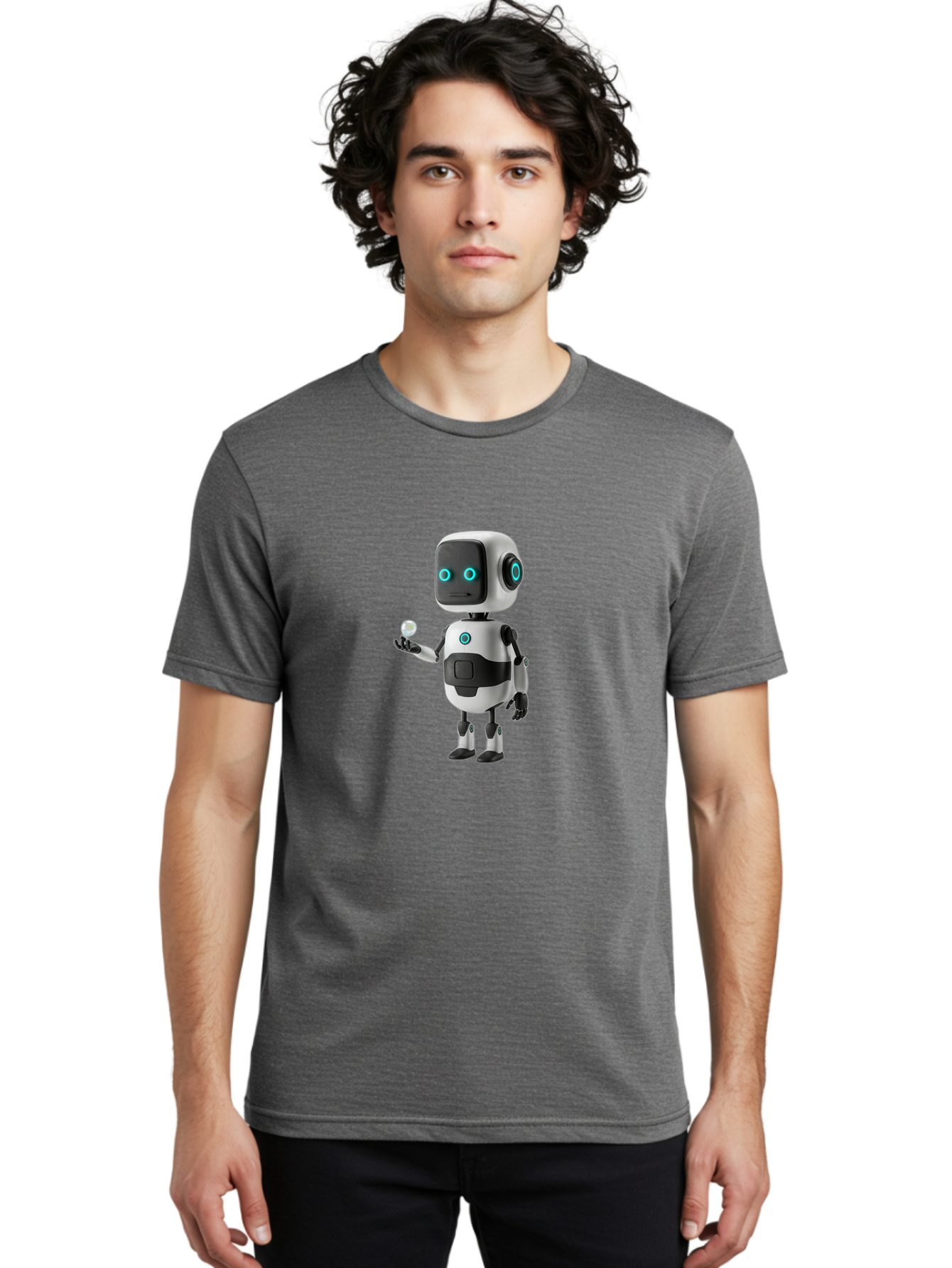 Robot-Character Men'S Graphic Tee, 100% Cotton, Comfortable Casual Summer Wear, Machine Washable, Cartoon Robot, Artificial Intelligence, Futuristic Technology, Robotic Design, Blue Glowing Eyes, Mechanical Body, 3D Rendering, Bab348 14