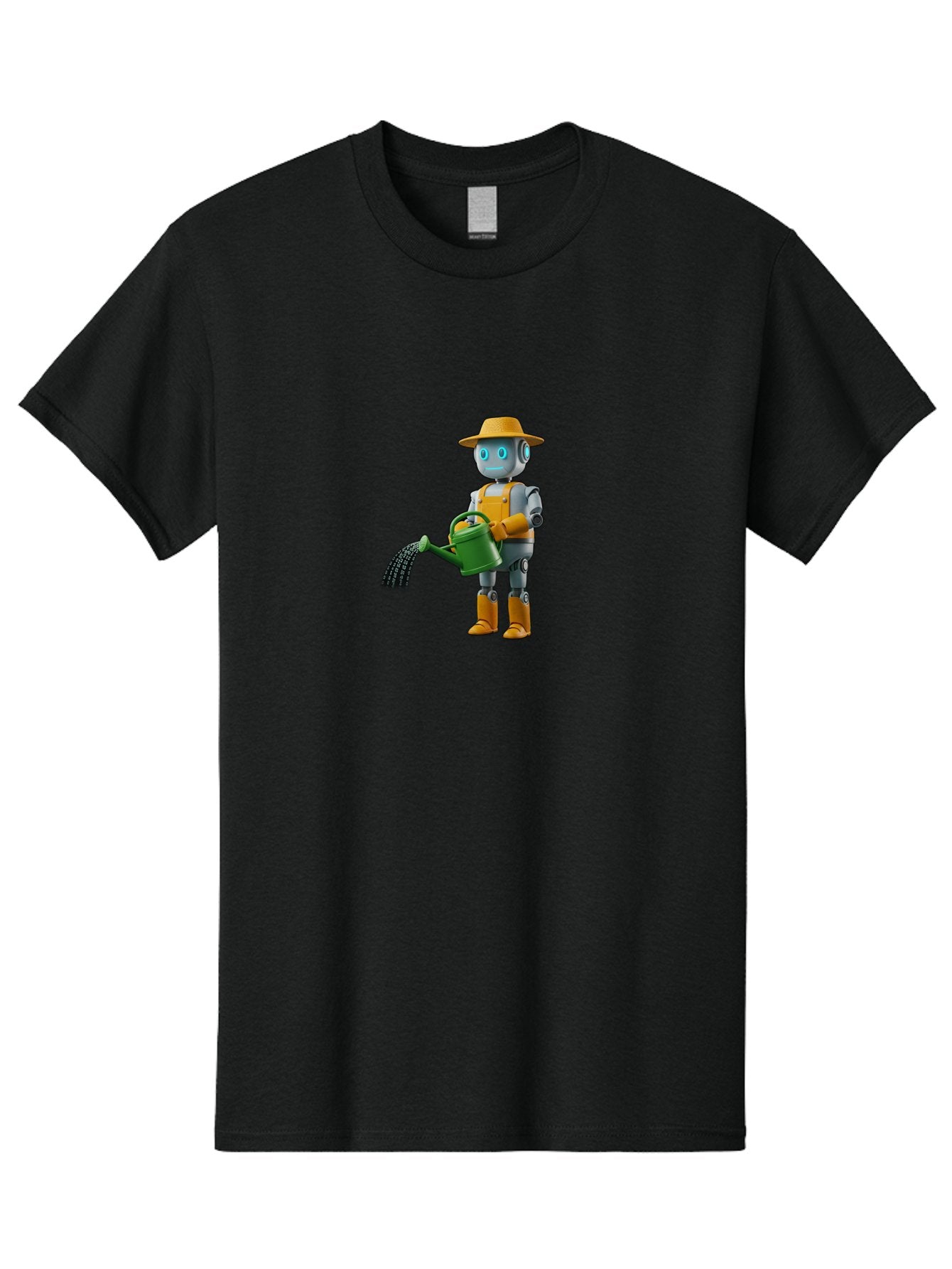 Robot-Gardener Men'S Graphic Tee, 100% Cotton, Comfortable Casual Summer Wear, Machine Washable, Robot Character, Gardening Robot, Watering Can, Yellow Hat, Orange Boots, Futuristic Gardening, Robotic Gardening Tools, Cartoon Robot, Bab350