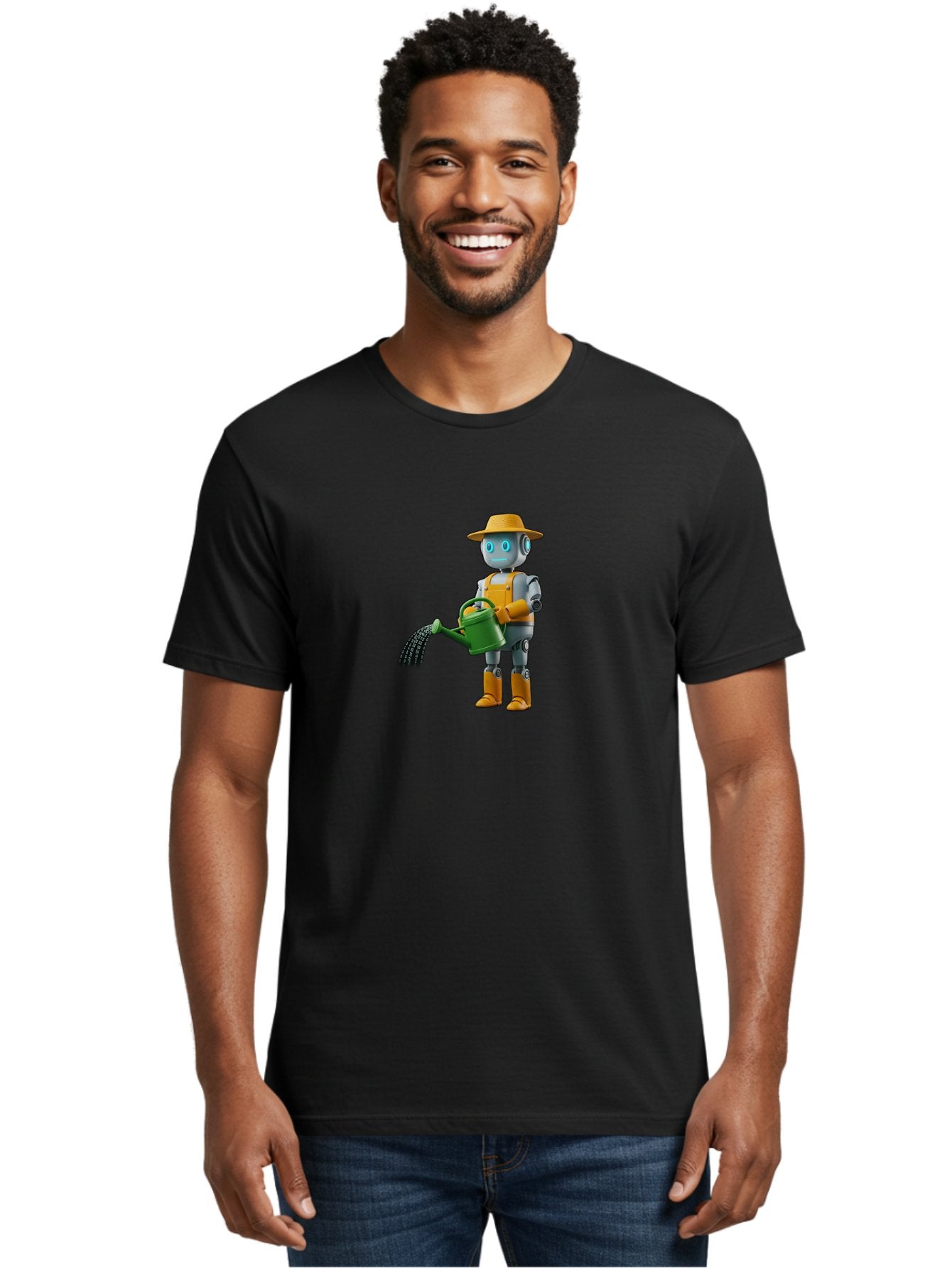 Robot-Gardener Men'S Graphic Tee, 100% Cotton, Comfortable Casual Summer Wear, Machine Washable, Robot Character, Gardening Robot, Watering Can, Yellow Hat, Orange Boots, Futuristic Gardening, Robotic Gardening Tools, Cartoon Robot, Bab350 21