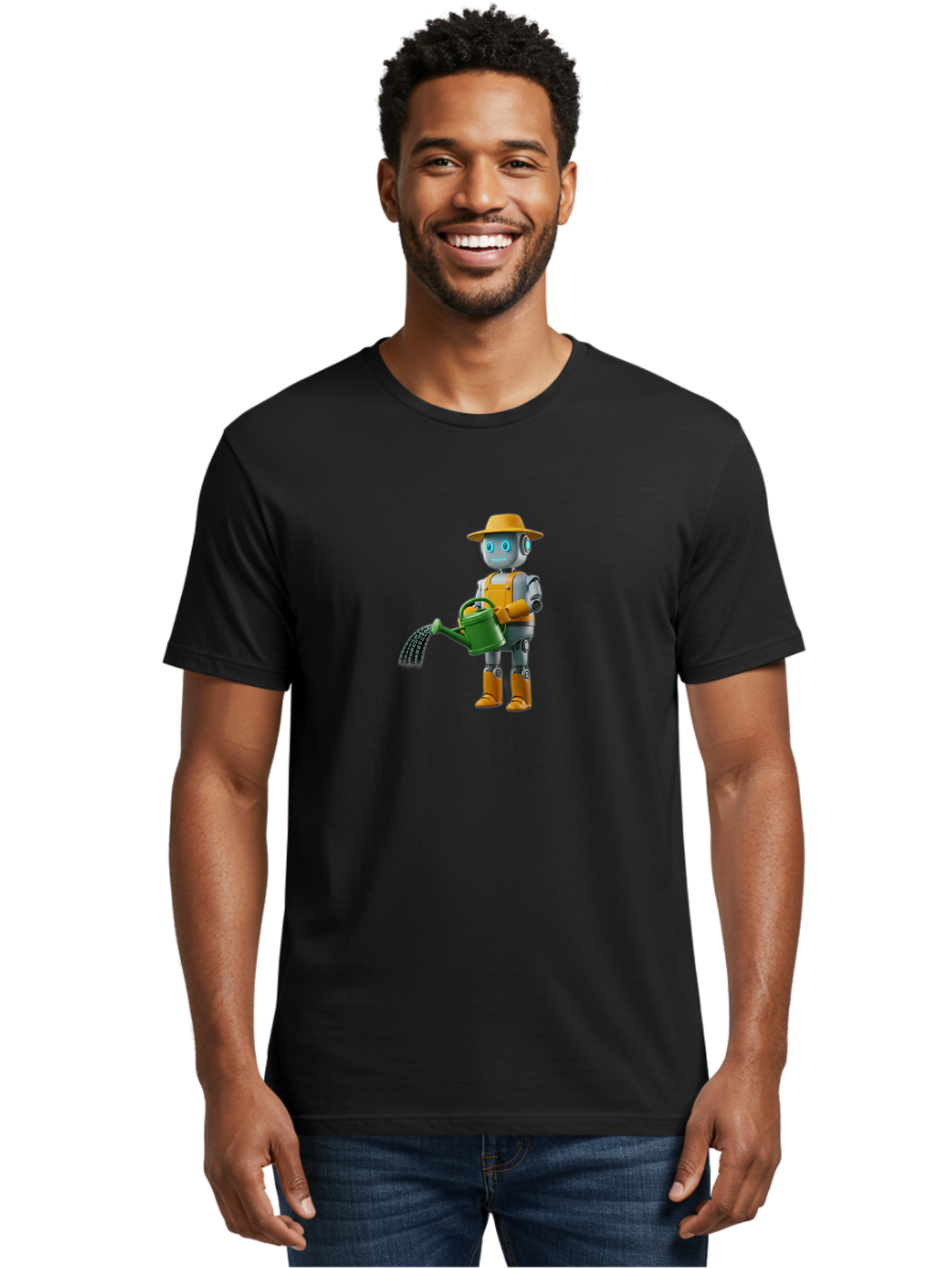 Robot-Gardener Men'S Graphic Tee, 100% Cotton, Comfortable Casual Summer Wear, Machine Washable, Robot Character, Gardening Robot, Watering Can, Yellow Hat, Orange Boots, Futuristic Gardening, Robotic Gardening Tools, Cartoon Robot, Bab350 20