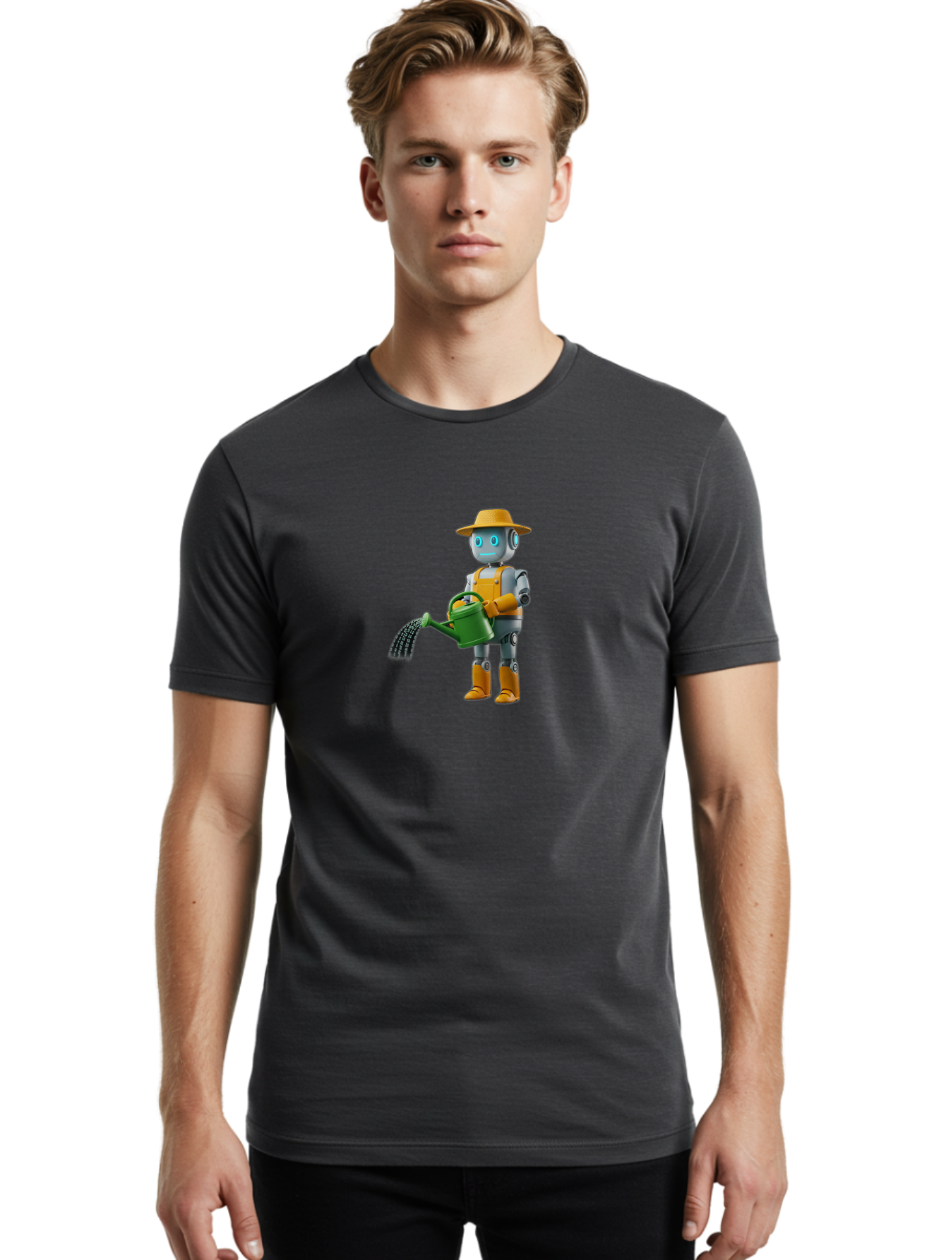 Robot-Gardener Men'S Graphic Tee, 100% Cotton, Comfortable Casual Summer Wear, Machine Washable, Robot Character, Gardening Robot, Watering Can, Yellow Hat, Orange Boots, Futuristic Gardening, Robotic Gardening Tools, Cartoon Robot, Bab350 12