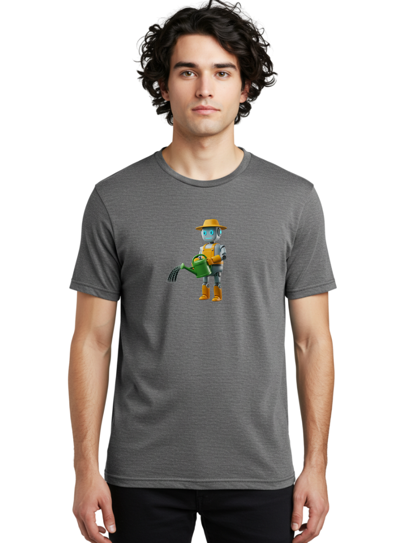 Robot-Gardener Men'S Graphic Tee, 100% Cotton, Comfortable Casual Summer Wear, Machine Washable, Robot Character, Gardening Robot, Watering Can, Yellow Hat, Orange Boots, Futuristic Gardening, Robotic Gardening Tools, Cartoon Robot, Bab350 6
