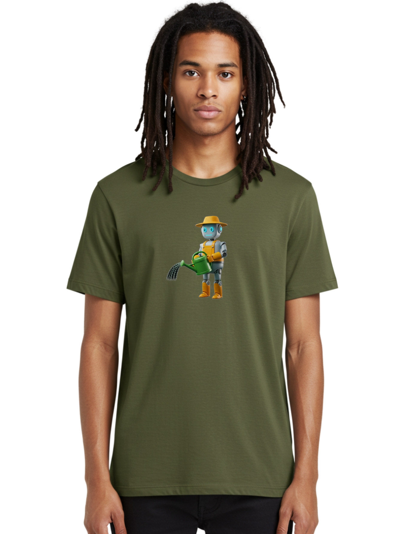 Robot-Gardener Men'S Graphic Tee, 100% Cotton, Comfortable Casual Summer Wear, Machine Washable, Robot Character, Gardening Robot, Watering Can, Yellow Hat, Orange Boots, Futuristic Gardening, Robotic Gardening Tools, Cartoon Robot, Bab350 14