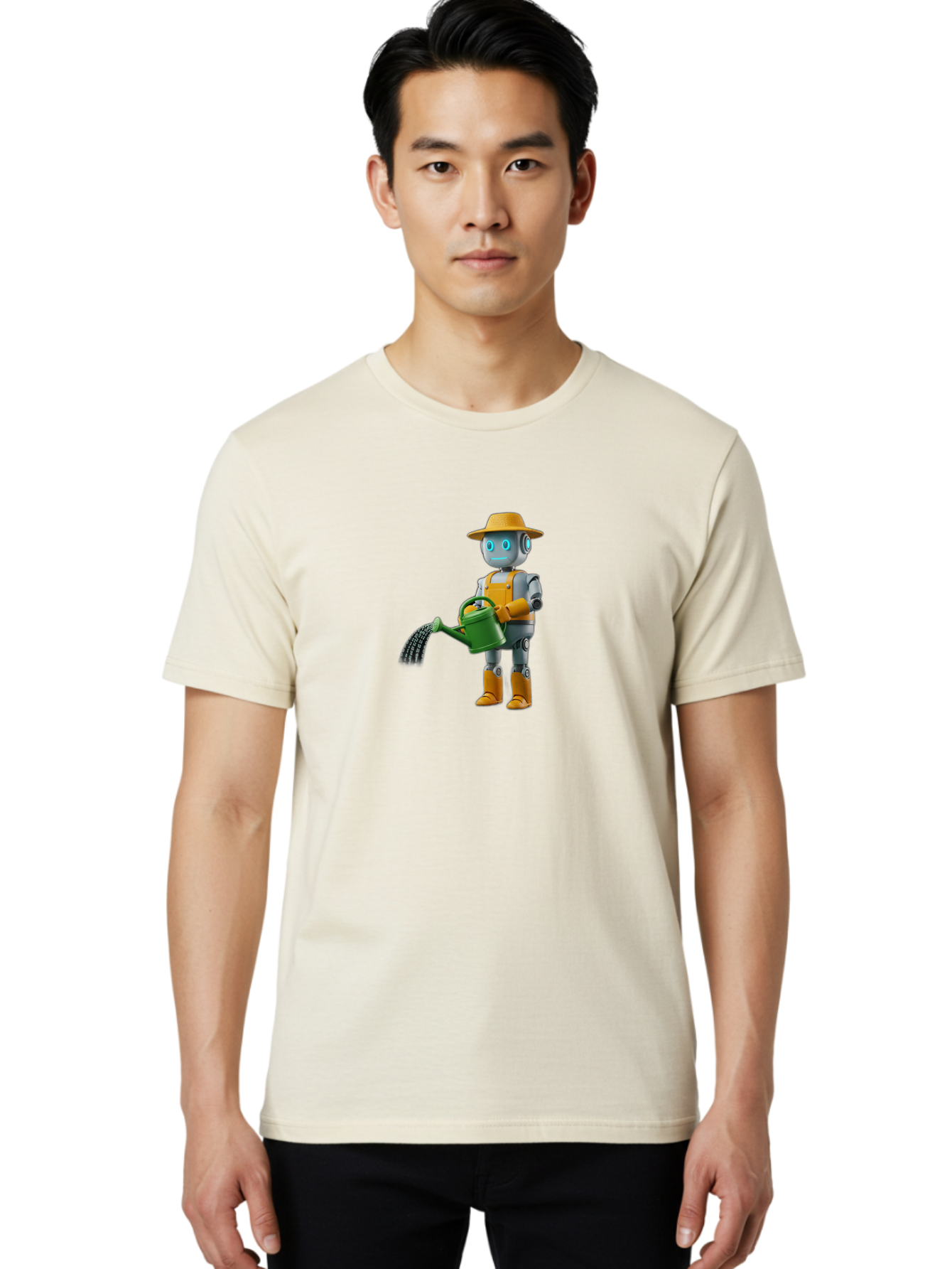 Robot-Gardener Men'S Graphic Tee, 100% Cotton, Comfortable Casual Summer Wear, Machine Washable, Robot Character, Gardening Robot, Watering Can, Yellow Hat, Orange Boots, Futuristic Gardening, Robotic Gardening Tools, Cartoon Robot, Bab350 16