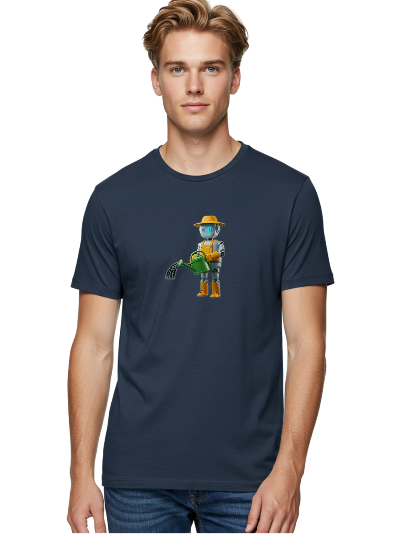 Robot-Gardener Men'S Graphic Tee, 100% Cotton, Comfortable Casual Summer Wear, Machine Washable, Robot Character, Gardening Robot, Watering Can, Yellow Hat, Orange Boots, Futuristic Gardening, Robotic Gardening Tools, Cartoon Robot, Bab350 10