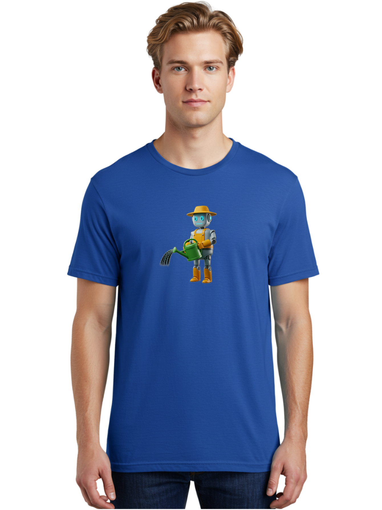 Robot-Gardener Men'S Graphic Tee, 100% Cotton, Comfortable Casual Summer Wear, Machine Washable, Robot Character, Gardening Robot, Watering Can, Yellow Hat, Orange Boots, Futuristic Gardening, Robotic Gardening Tools, Cartoon Robot, Bab350 28