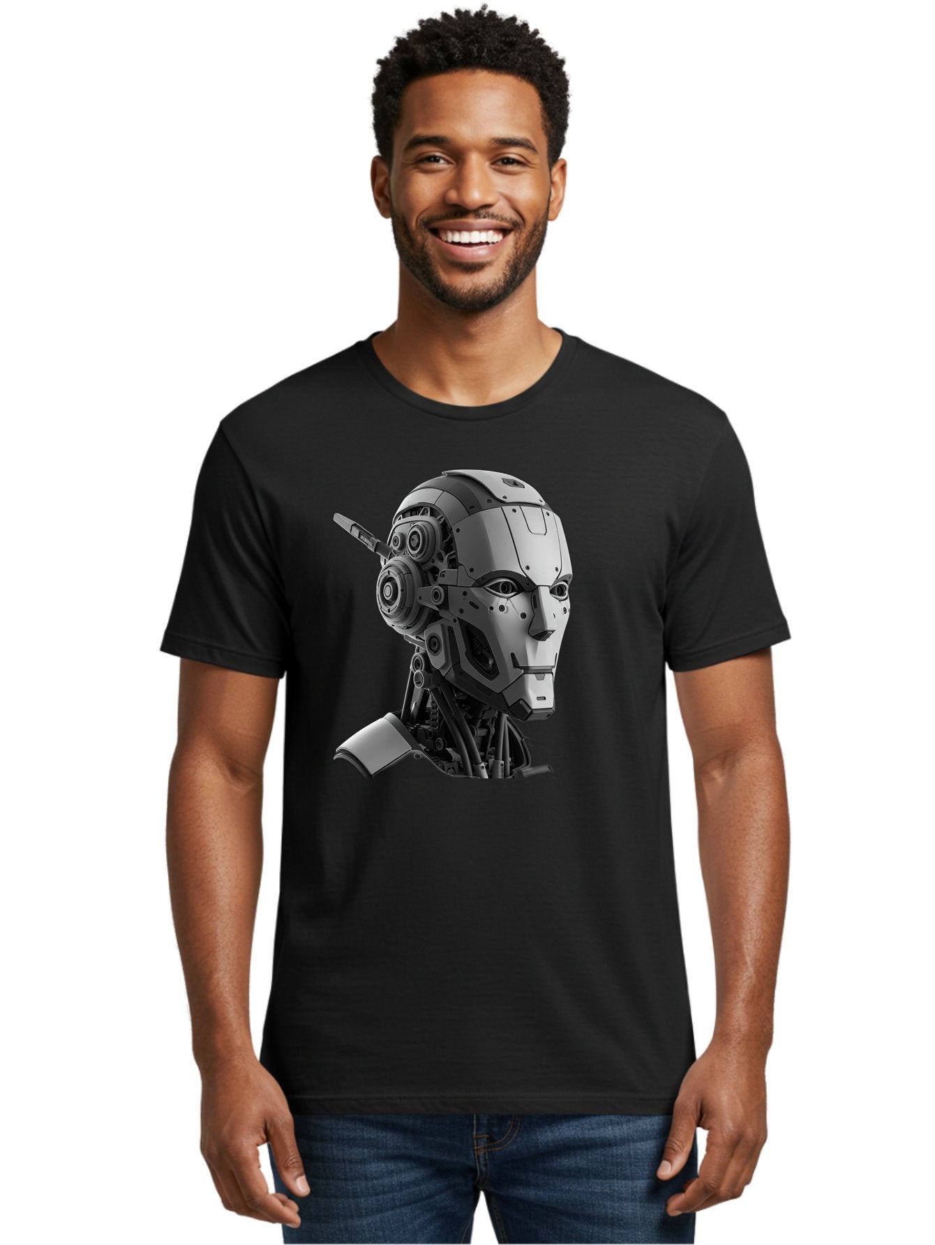 Robot-Head Men'S Graphic Tee, 100% Cotton, Comfortable Casual Summer Wear, Machine Washable, Robotic Head, Futuristic Design, Mechanical Face, Gray Metallic Finish, Technological Innovation, Advanced Robotics, Artificial Intelligence, Bab352 30