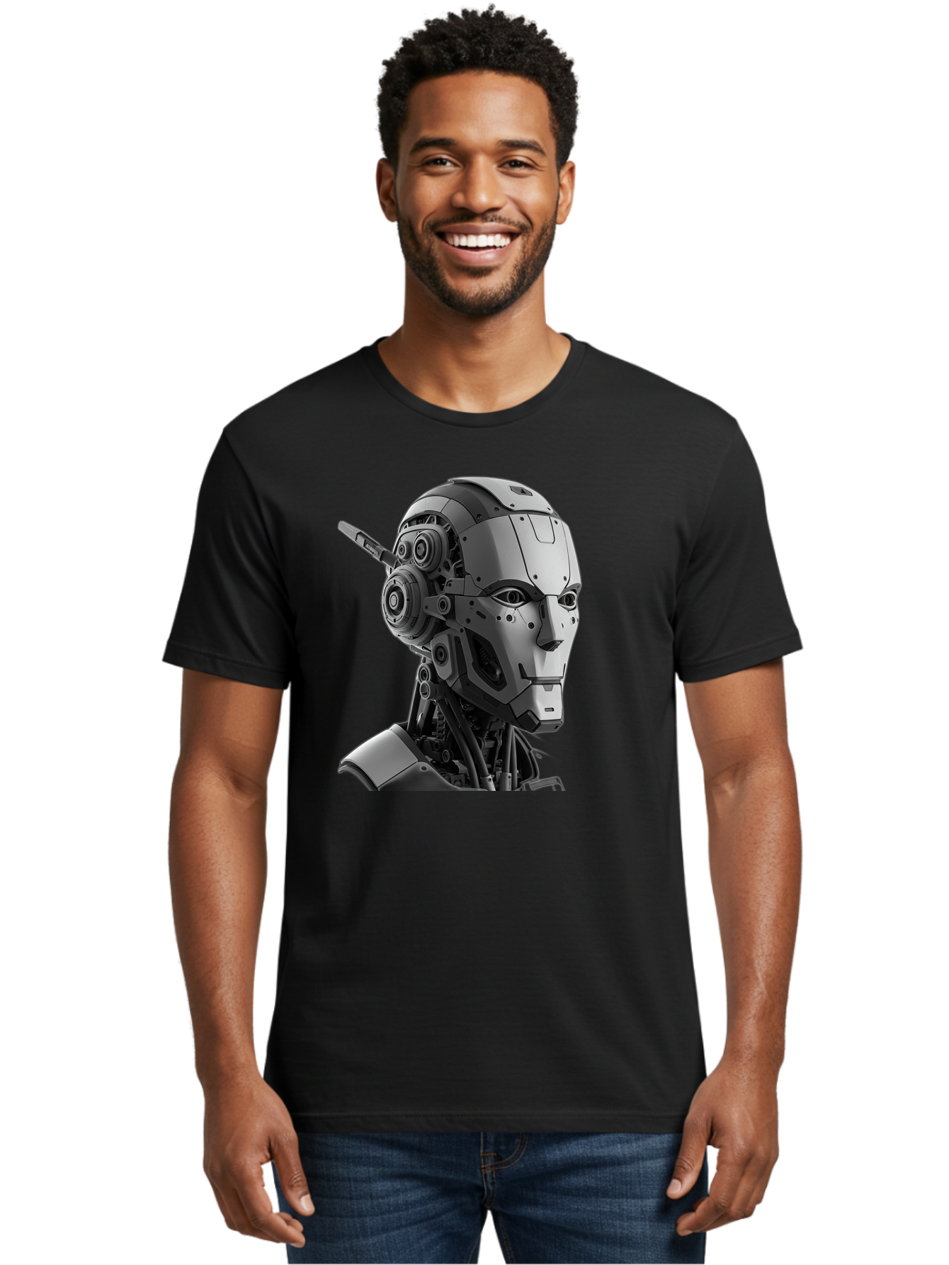 Robot-Head Men'S Graphic Tee, 100% Cotton, Comfortable Casual Summer Wear, Machine Washable, Robotic Head, Futuristic Design, Mechanical Face, Gray Metallic Finish, Technological Innovation, Advanced Robotics, Artificial Intelligence, Bab352