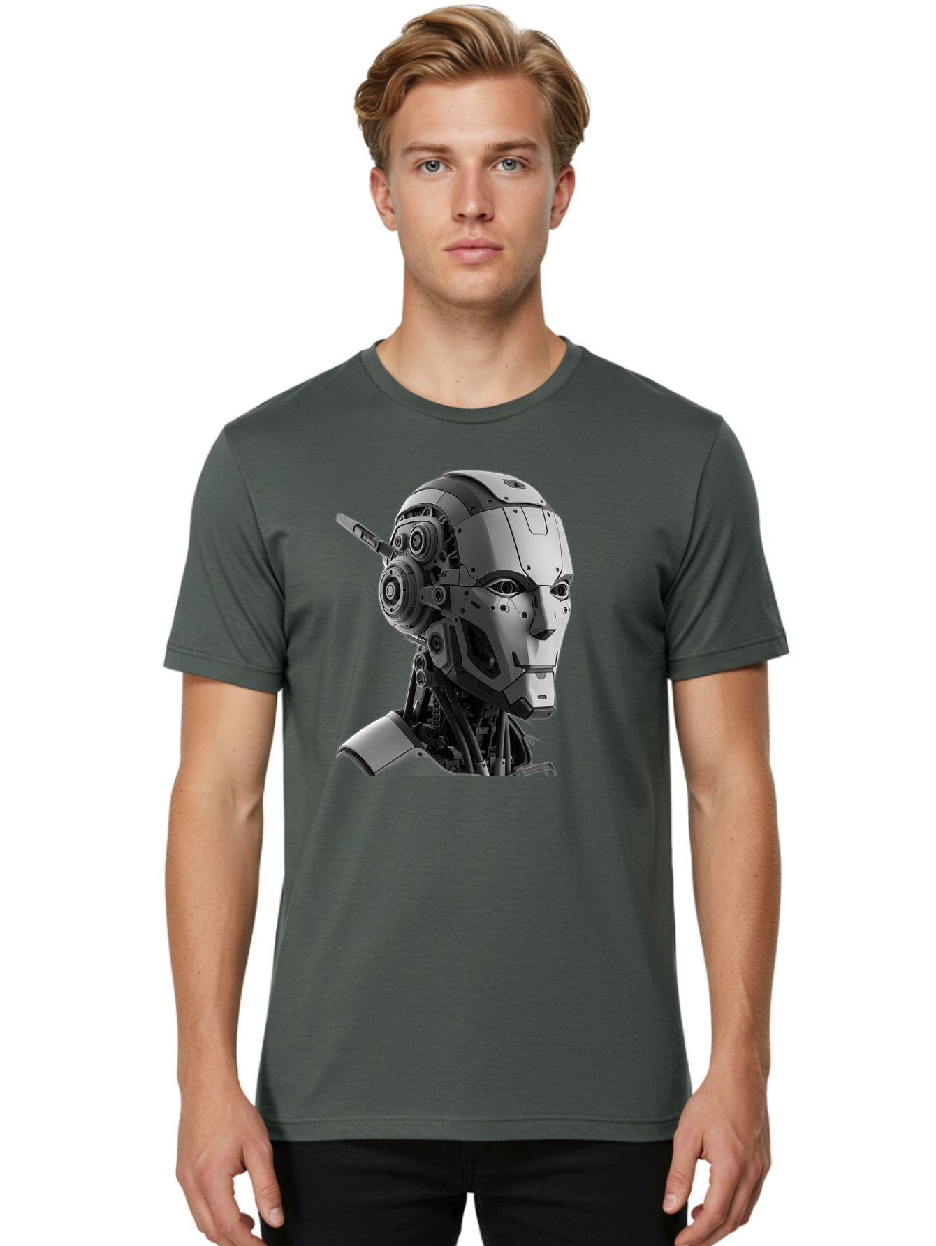 Robot-Head Men'S Graphic Tee, 100% Cotton, Comfortable Casual Summer Wear, Machine Washable, Robotic Head, Futuristic Design, Mechanical Face, Gray Metallic Finish, Technological Innovation, Advanced Robotics, Artificial Intelligence, Bab352 30