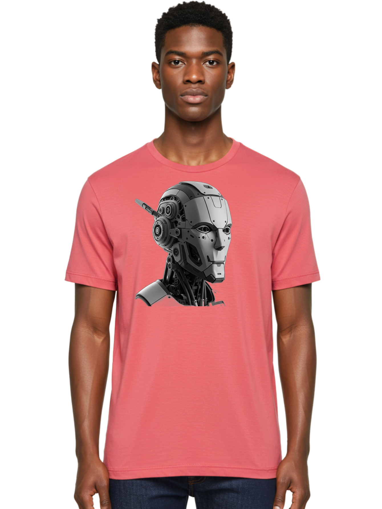 Robot-Head Men'S Graphic Tee, 100% Cotton, Comfortable Casual Summer Wear, Machine Washable, Robotic Head, Futuristic Design, Mechanical Face, Gray Metallic Finish, Technological Innovation, Advanced Robotics, Artificial Intelligence, Bab352 8