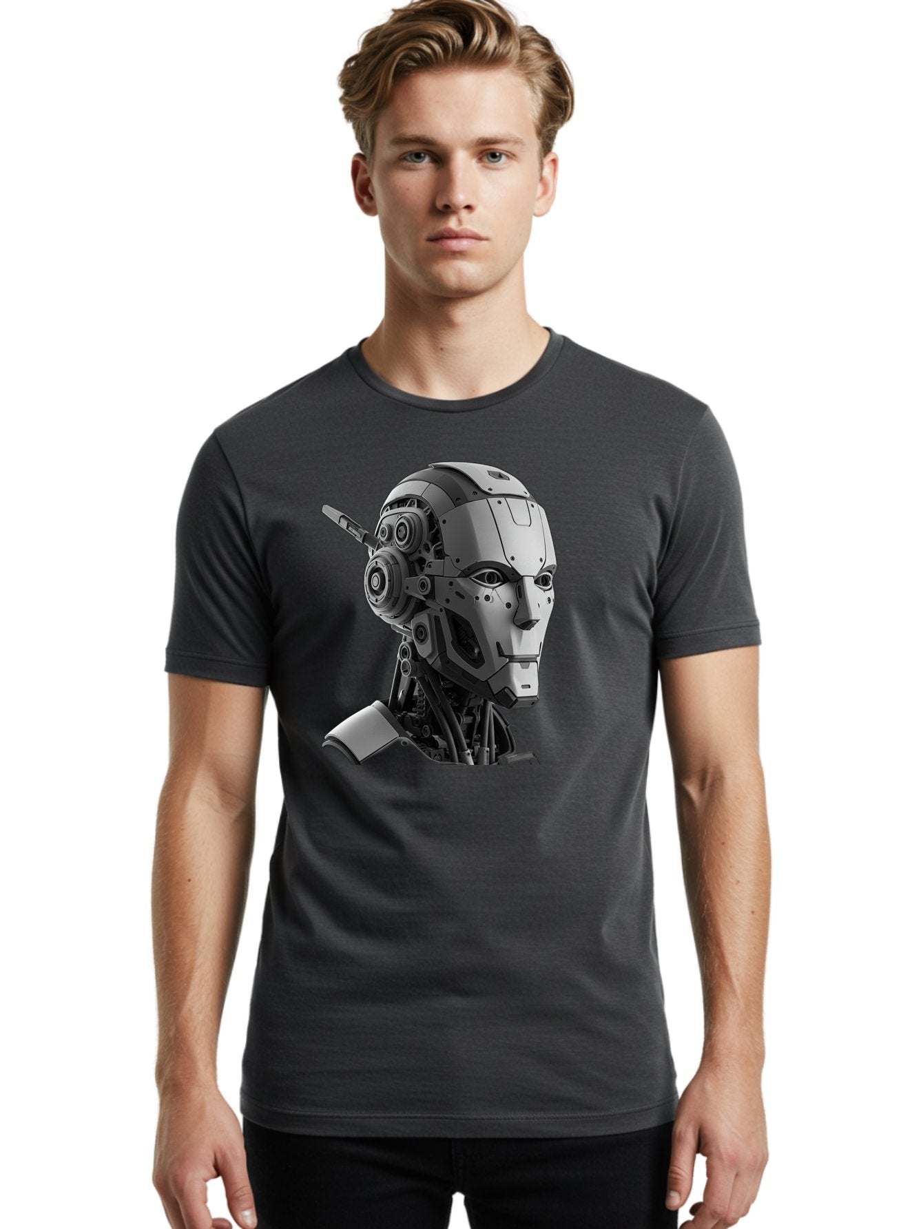 Robot-Head Men'S Graphic Tee, 100% Cotton, Comfortable Casual Summer Wear, Machine Washable, Robotic Head, Futuristic Design, Mechanical Face, Gray Metallic Finish, Technological Innovation, Advanced Robotics, Artificial Intelligence, Bab352 22
