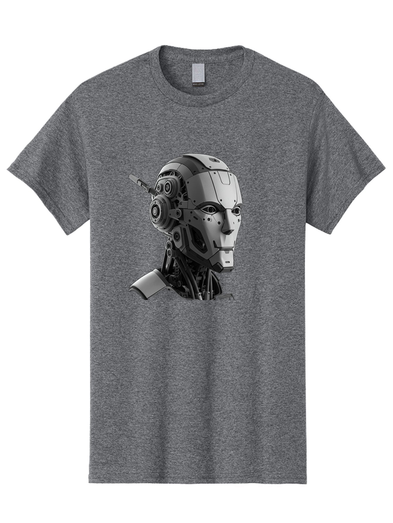 Robot-Head Men'S Graphic Tee, 100% Cotton, Comfortable Casual Summer Wear, Machine Washable, Robotic Head, Futuristic Design, Mechanical Face, Gray Metallic Finish, Technological Innovation, Advanced Robotics, Artificial Intelligence, Bab352