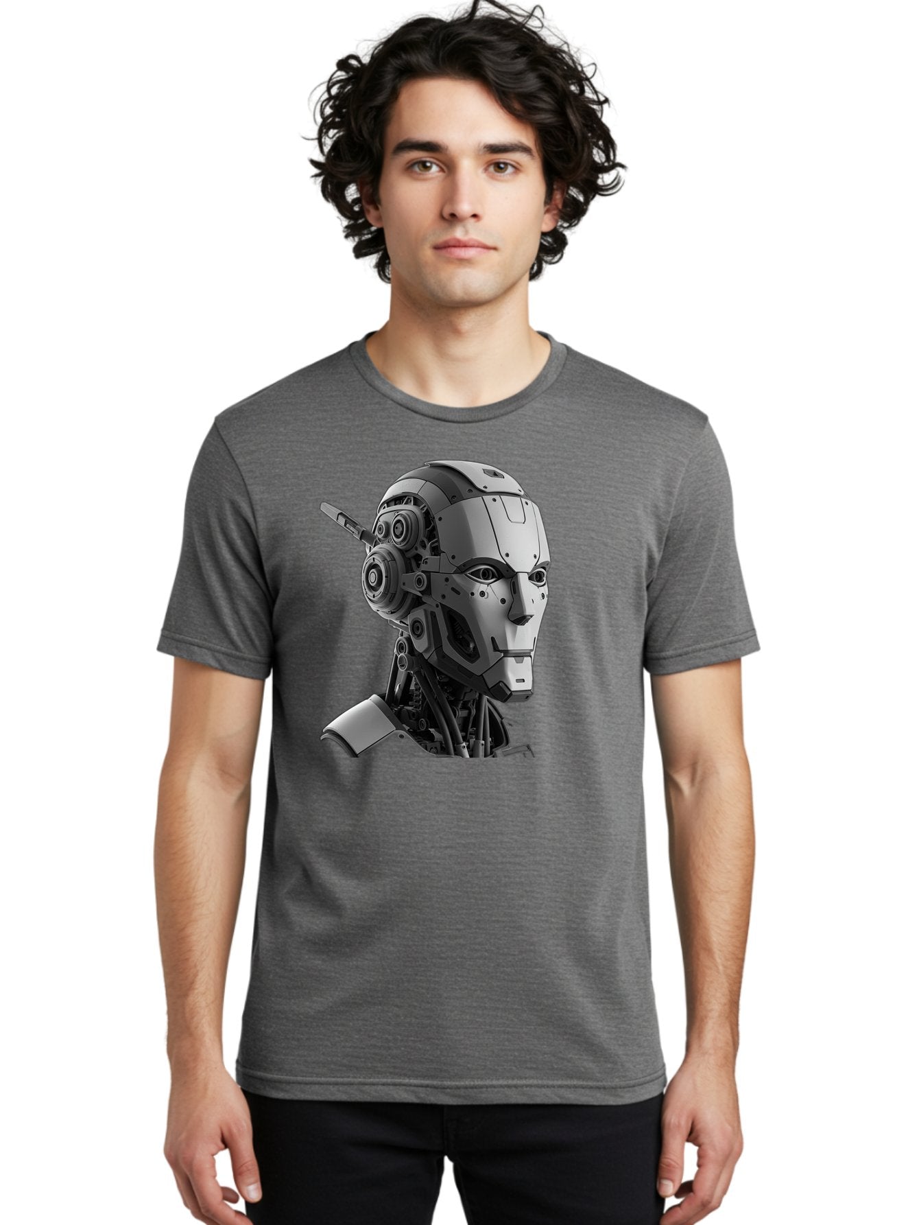 Robot-Head Men'S Graphic Tee, 100% Cotton, Comfortable Casual Summer Wear, Machine Washable, Robotic Head, Futuristic Design, Mechanical Face, Gray Metallic Finish, Technological Innovation, Advanced Robotics, Artificial Intelligence, Bab352 21