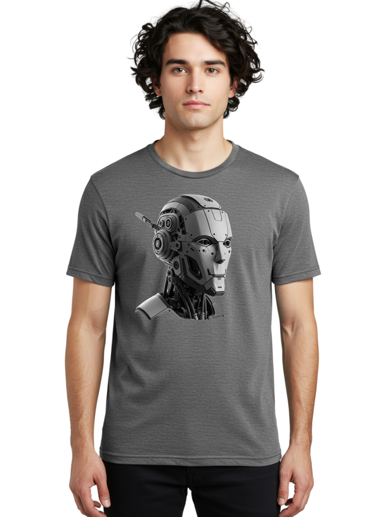 Robot-Head Men'S Graphic Tee, 100% Cotton, Comfortable Casual Summer Wear, Machine Washable, Robotic Head, Futuristic Design, Mechanical Face, Gray Metallic Finish, Technological Innovation, Advanced Robotics, Artificial Intelligence, Bab352 20