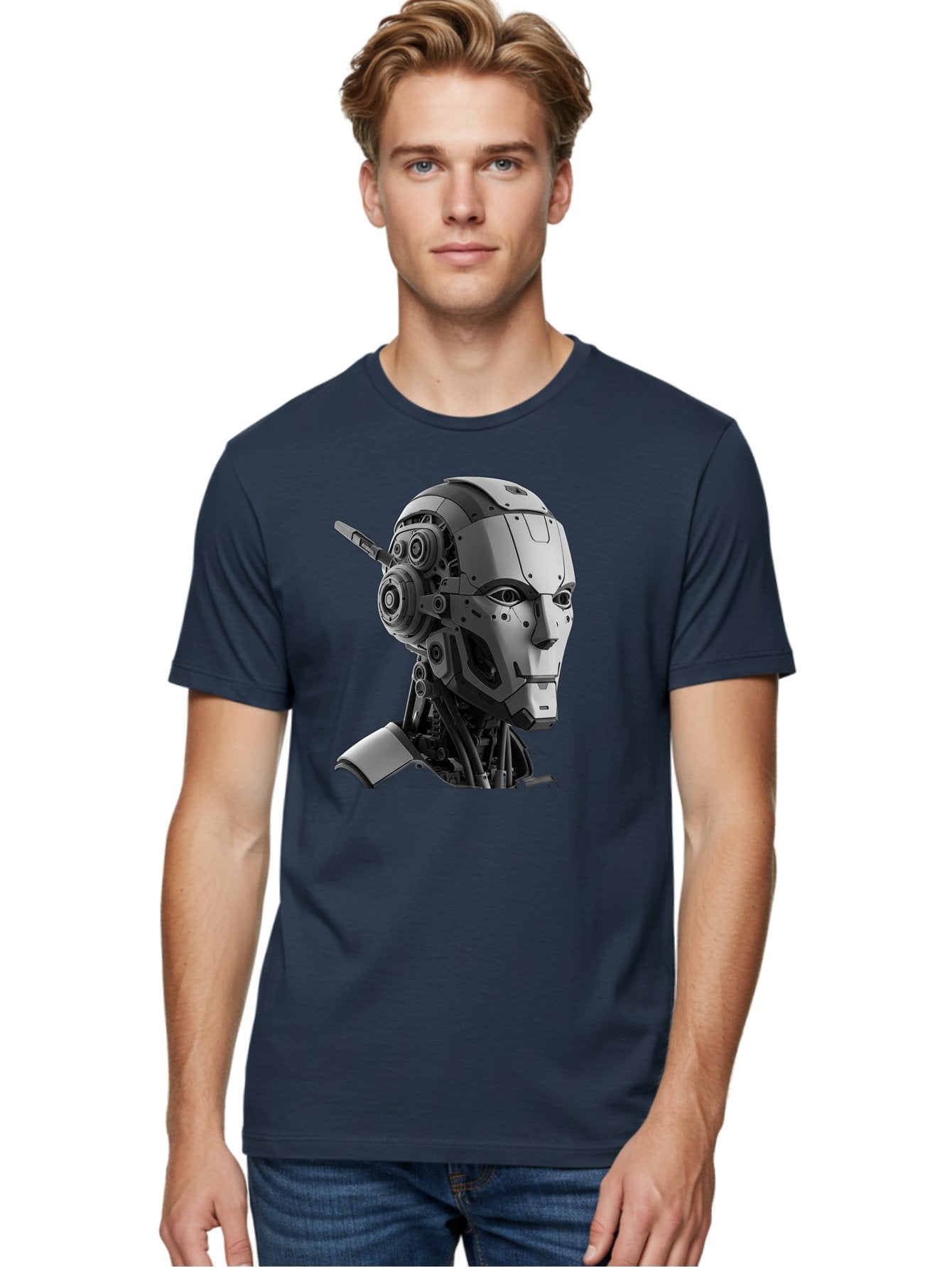 Robot-Head Men'S Graphic Tee, 100% Cotton, Comfortable Casual Summer Wear, Machine Washable, Robotic Head, Futuristic Design, Mechanical Face, Gray Metallic Finish, Technological Innovation, Advanced Robotics, Artificial Intelligence, Bab352 24