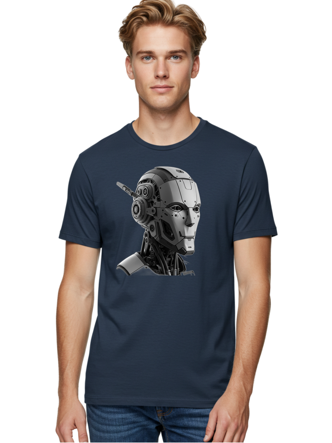 Robot-Head Men'S Graphic Tee, 100% Cotton, Comfortable Casual Summer Wear, Machine Washable, Robotic Head, Futuristic Design, Mechanical Face, Gray Metallic Finish, Technological Innovation, Advanced Robotics, Artificial Intelligence, Bab352 14