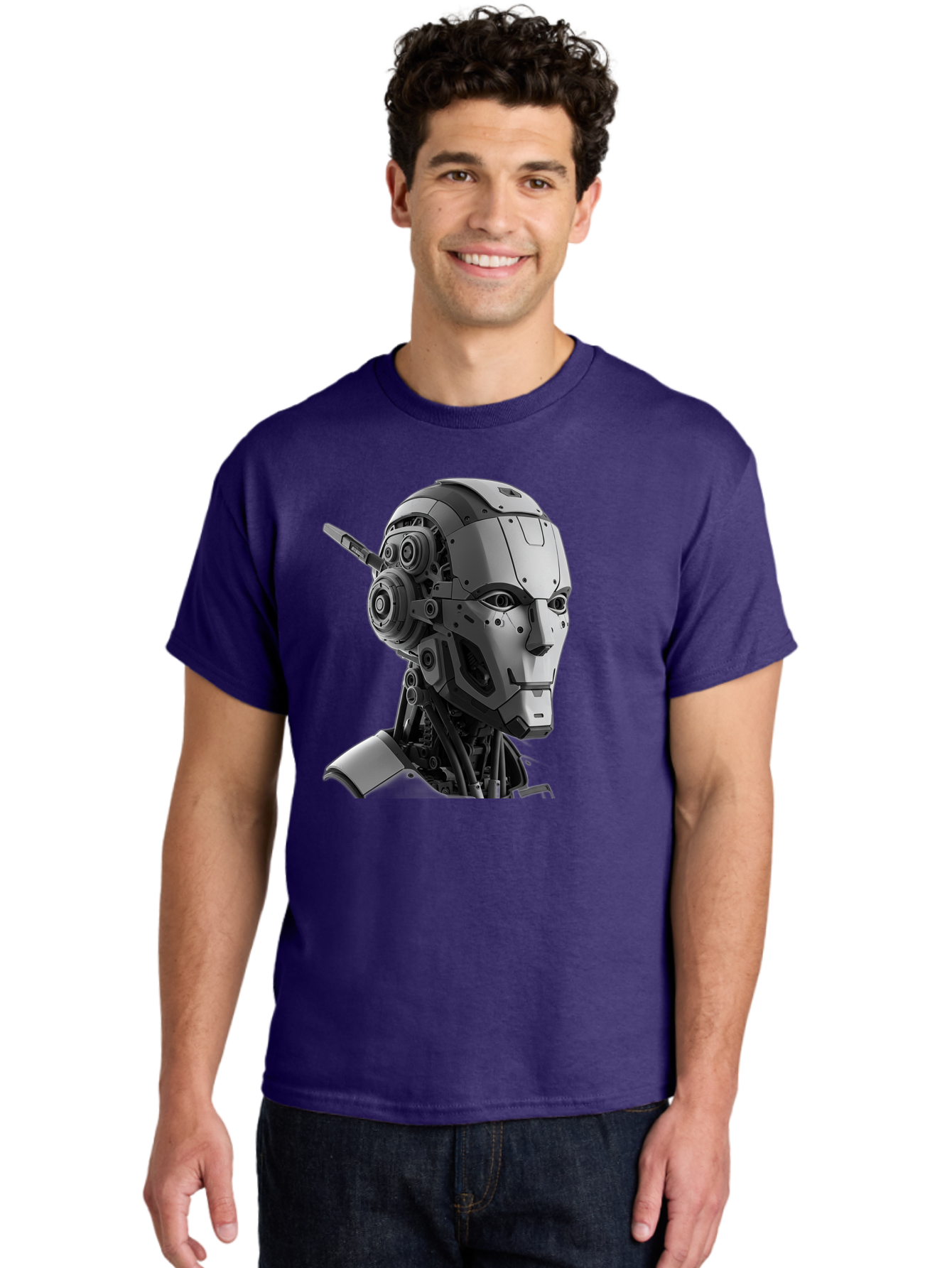 Robot-Head Men'S Graphic Tee, 100% Cotton, Comfortable Casual Summer Wear, Machine Washable, Robotic Head, Futuristic Design, Mechanical Face, Gray Metallic Finish, Technological Innovation, Advanced Robotics, Artificial Intelligence, Bab352 16