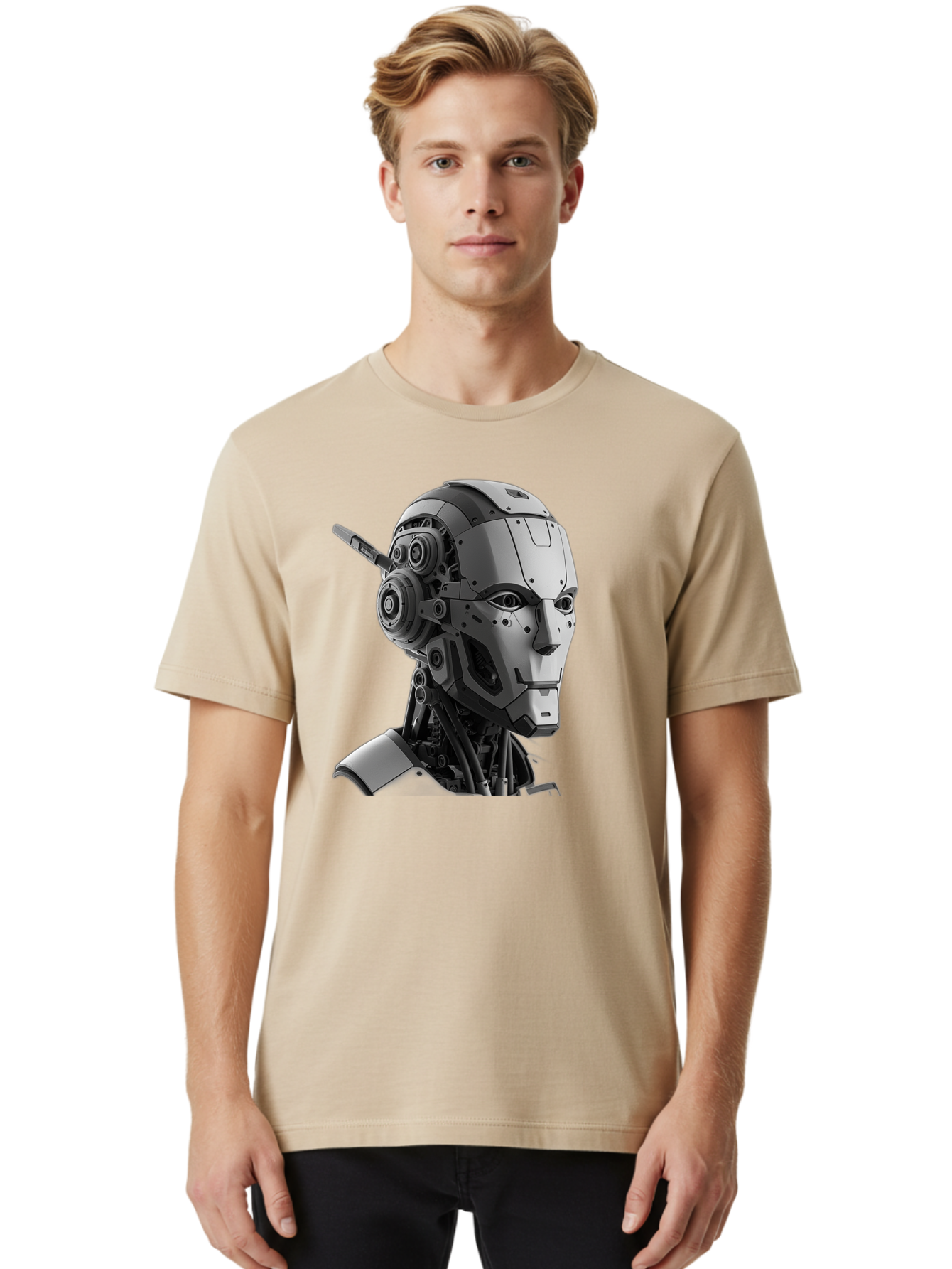 Robot-Head Men'S Graphic Tee, 100% Cotton, Comfortable Casual Summer Wear, Machine Washable, Robotic Head, Futuristic Design, Mechanical Face, Gray Metallic Finish, Technological Innovation, Advanced Robotics, Artificial Intelligence, Bab352 24