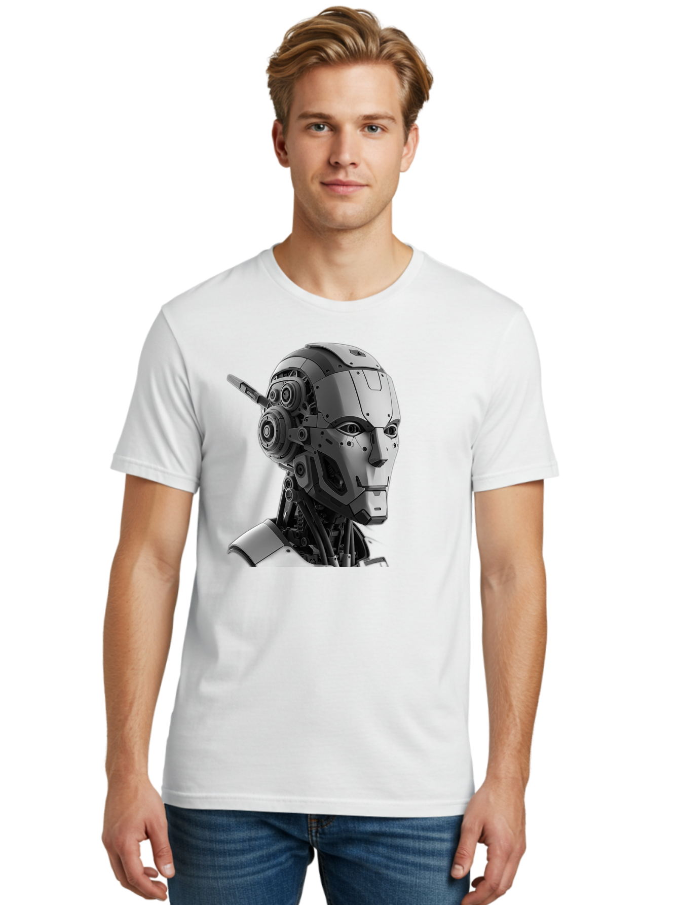 Robot-Head Men'S Graphic Tee, 100% Cotton, Comfortable Casual Summer Wear, Machine Washable, Robotic Head, Futuristic Design, Mechanical Face, Gray Metallic Finish, Technological Innovation, Advanced Robotics, Artificial Intelligence, Bab352 4