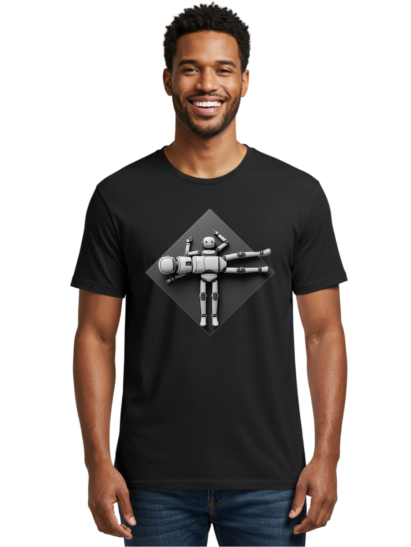 Robot-On-Dark-Square Men'S Graphic Tee, 100% Cotton, Comfortable Casual Summer Wear, Machine Washable, Robot Lying Down, Relaxation Pose, Mechanical Body, Futuristic Design, Artificial Intelligence, Modern Technology, Robot Resting, Bab355 24