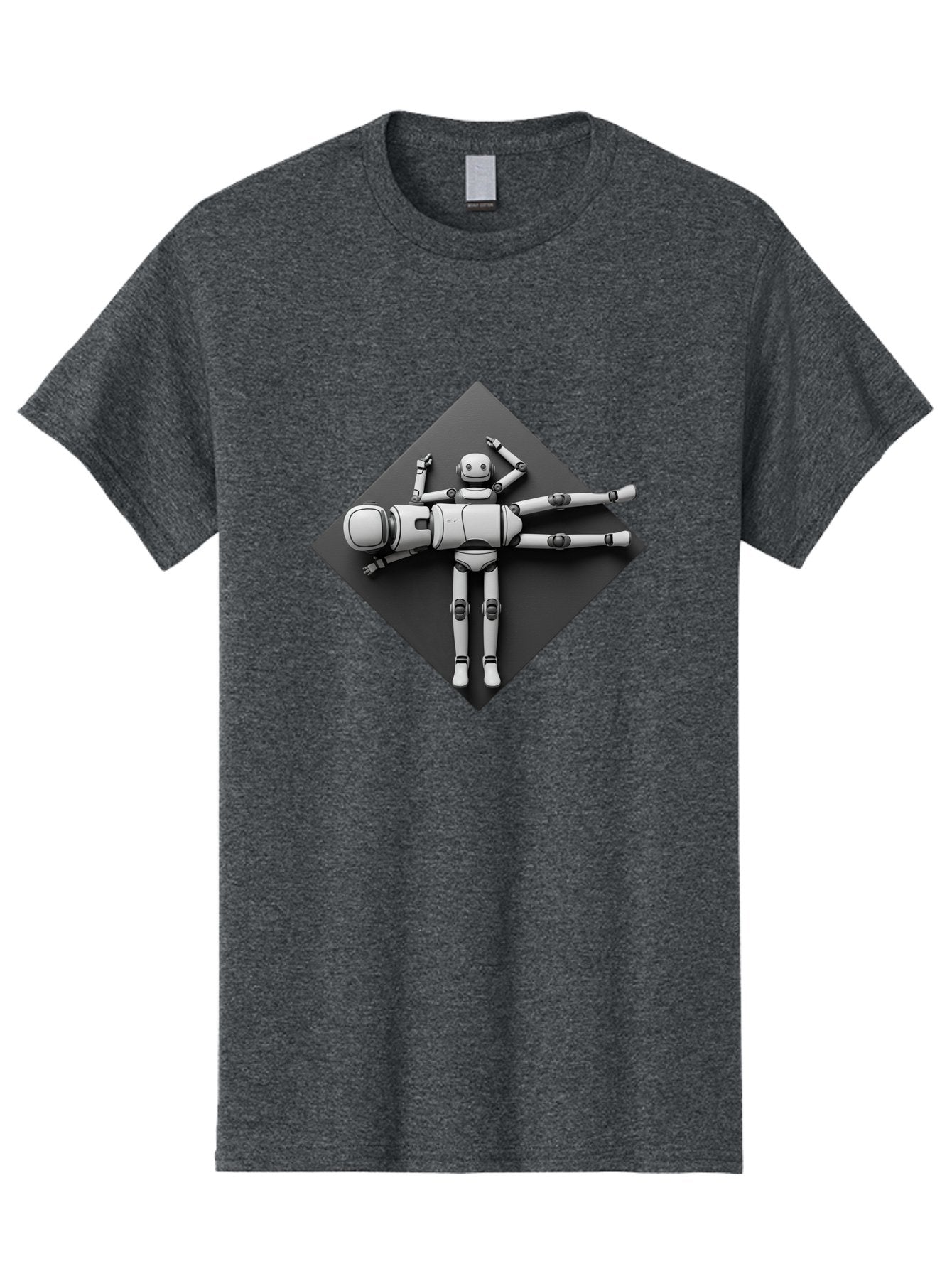 Robot-On-Dark-Square Men'S Graphic Tee, 100% Cotton, Comfortable Casual Summer Wear, Machine Washable, Robot Lying Down, Relaxation Pose, Mechanical Body, Futuristic Design, Artificial Intelligence, Modern Technology, Robot Resting, Bab355