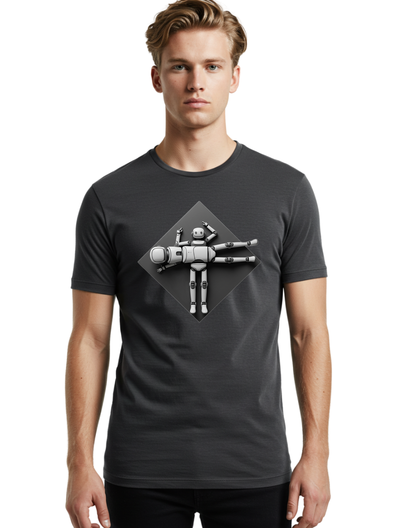 Robot-On-Dark-Square Men'S Graphic Tee, 100% Cotton, Comfortable Casual Summer Wear, Machine Washable, Robot Lying Down, Relaxation Pose, Mechanical Body, Futuristic Design, Artificial Intelligence, Modern Technology, Robot Resting, Bab355 20
