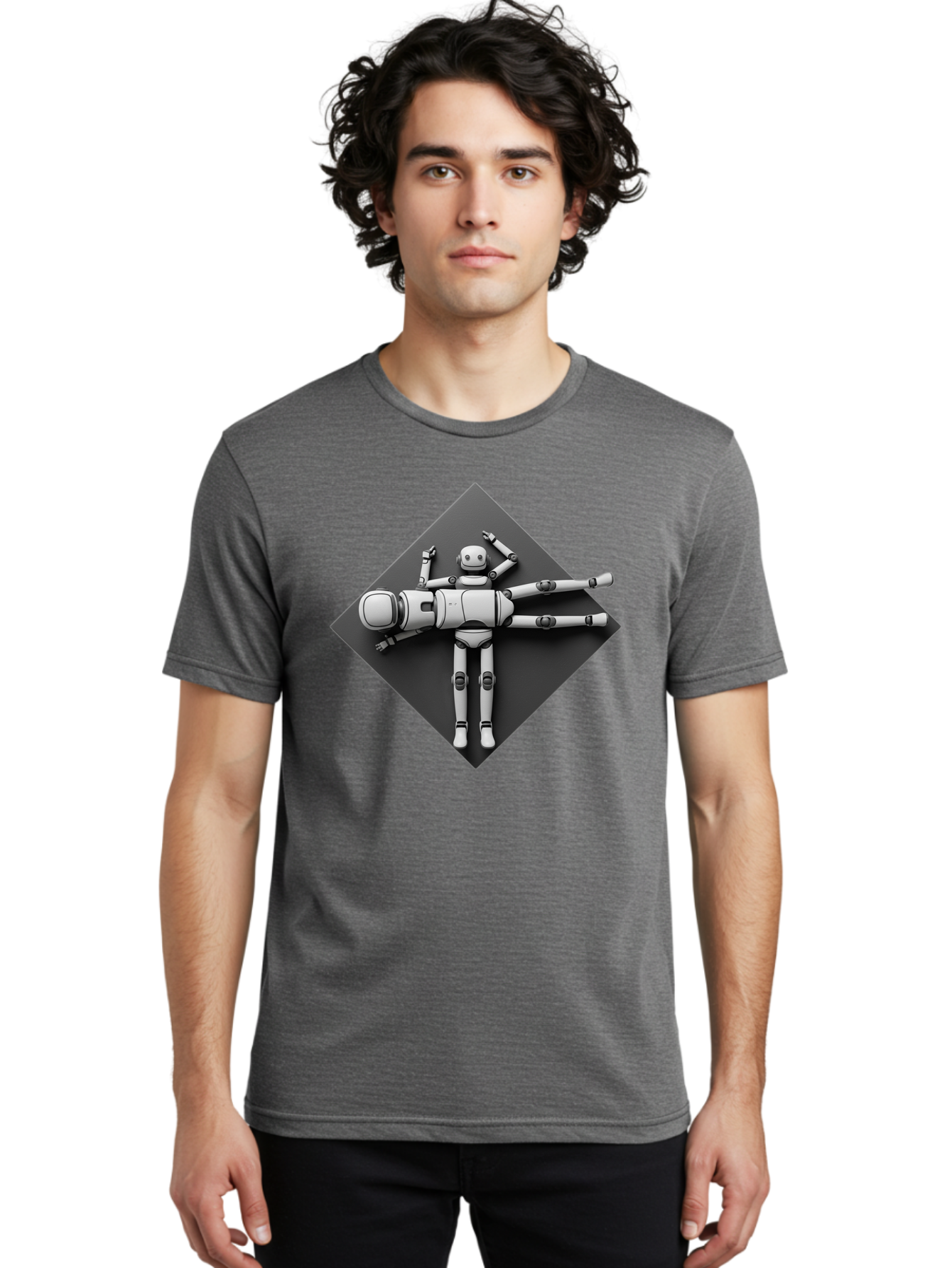 Robot-On-Dark-Square Men'S Graphic Tee, 100% Cotton, Comfortable Casual Summer Wear, Machine Washable, Robot Lying Down, Relaxation Pose, Mechanical Body, Futuristic Design, Artificial Intelligence, Modern Technology, Robot Resting, Bab355 14